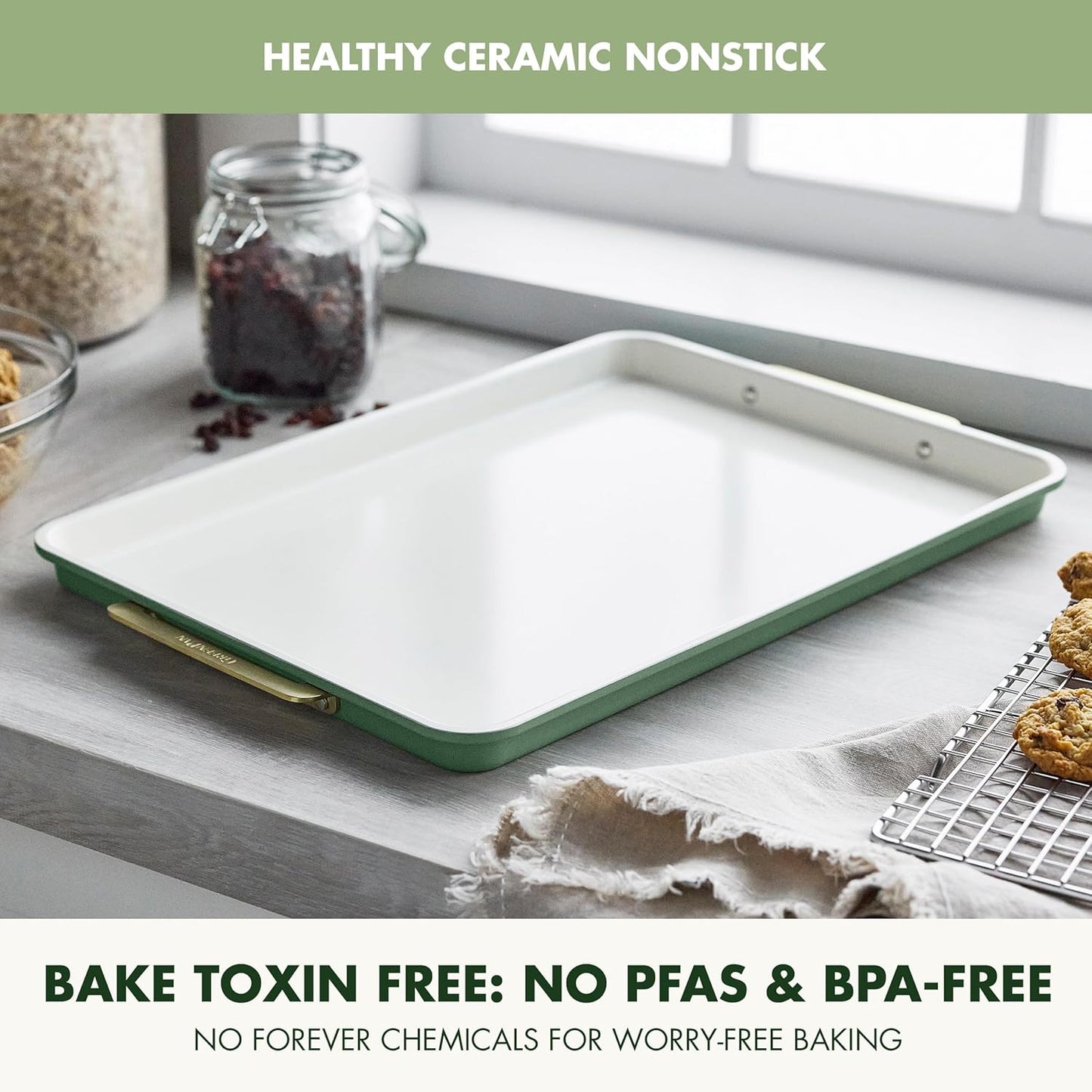 GreenPan Bakeware 13" x 9" Quarter Sheet Pan, Ceramic Nonstick Baking Pan, PFAS & BPA Free, Gold Handles, Durable Steel, Versatile & Space Saving Ovenware, Freezer to Oven Dish, Sage Green
