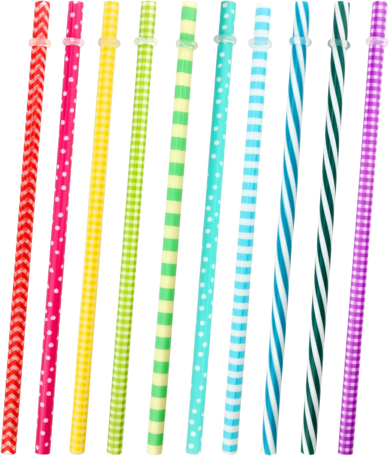 JANYUN 30 Pieces Reusable Plastic Straws BPA-Free 9" Colorful Printing Hard Platic Stripe Drinking Straw for Mason Jar Tumbler Family or Party Use Cleaning Brush Included(Random Pattern) (Straight)
