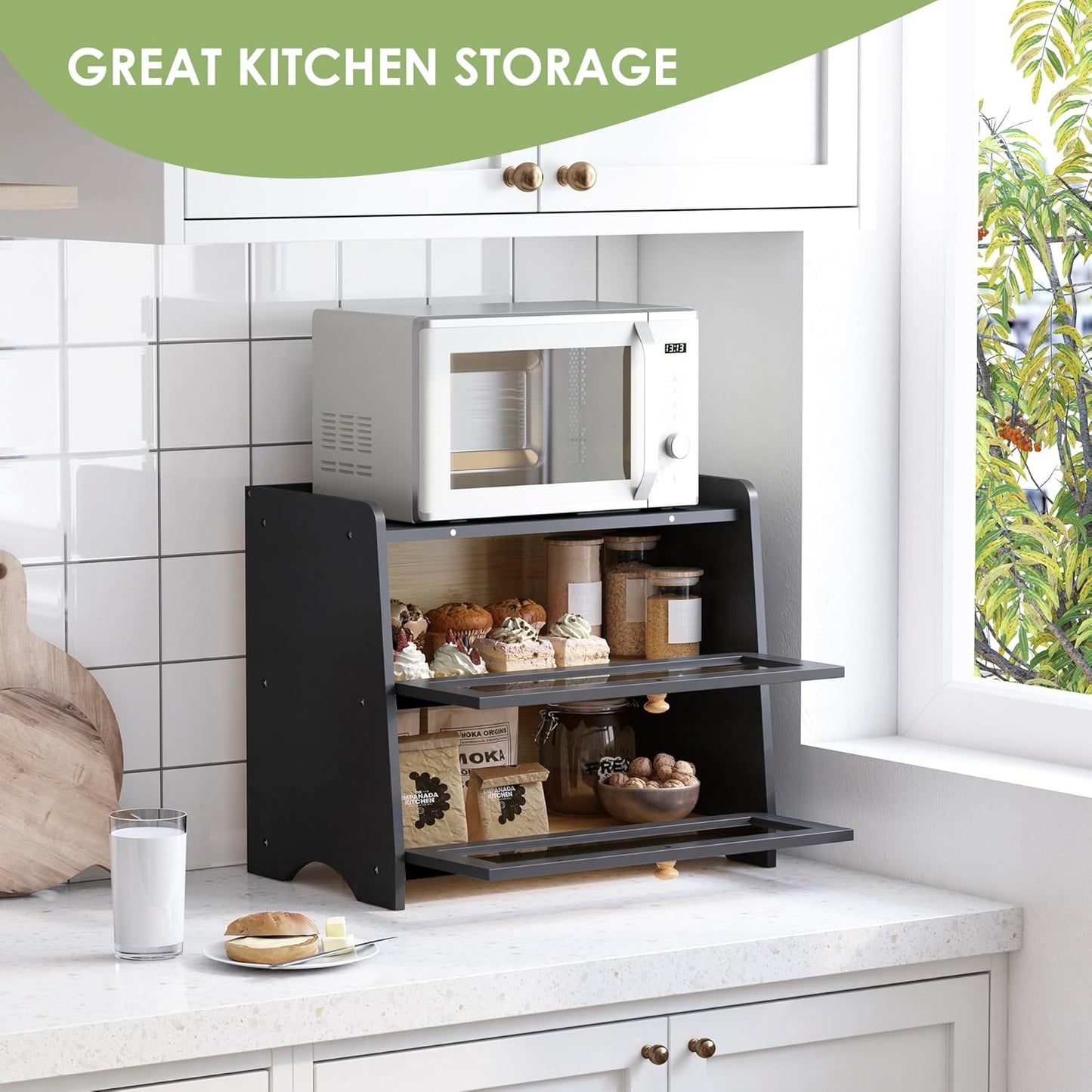 Double Layer Bread Box for Kitchen Countertop, Large Breadbox Bread with Windows, Wooden Farmhouse Bread Holder (Black)