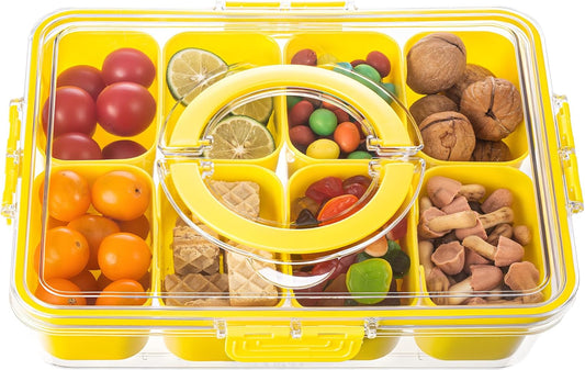 Divided Serving Tray with Lid and Handle - Snackle Box Charcuterie Container for Portable Snack Platters Organizer for Candy, Fruits, Nuts, Snacks - Perfect for Party, Entertaining, Yellow