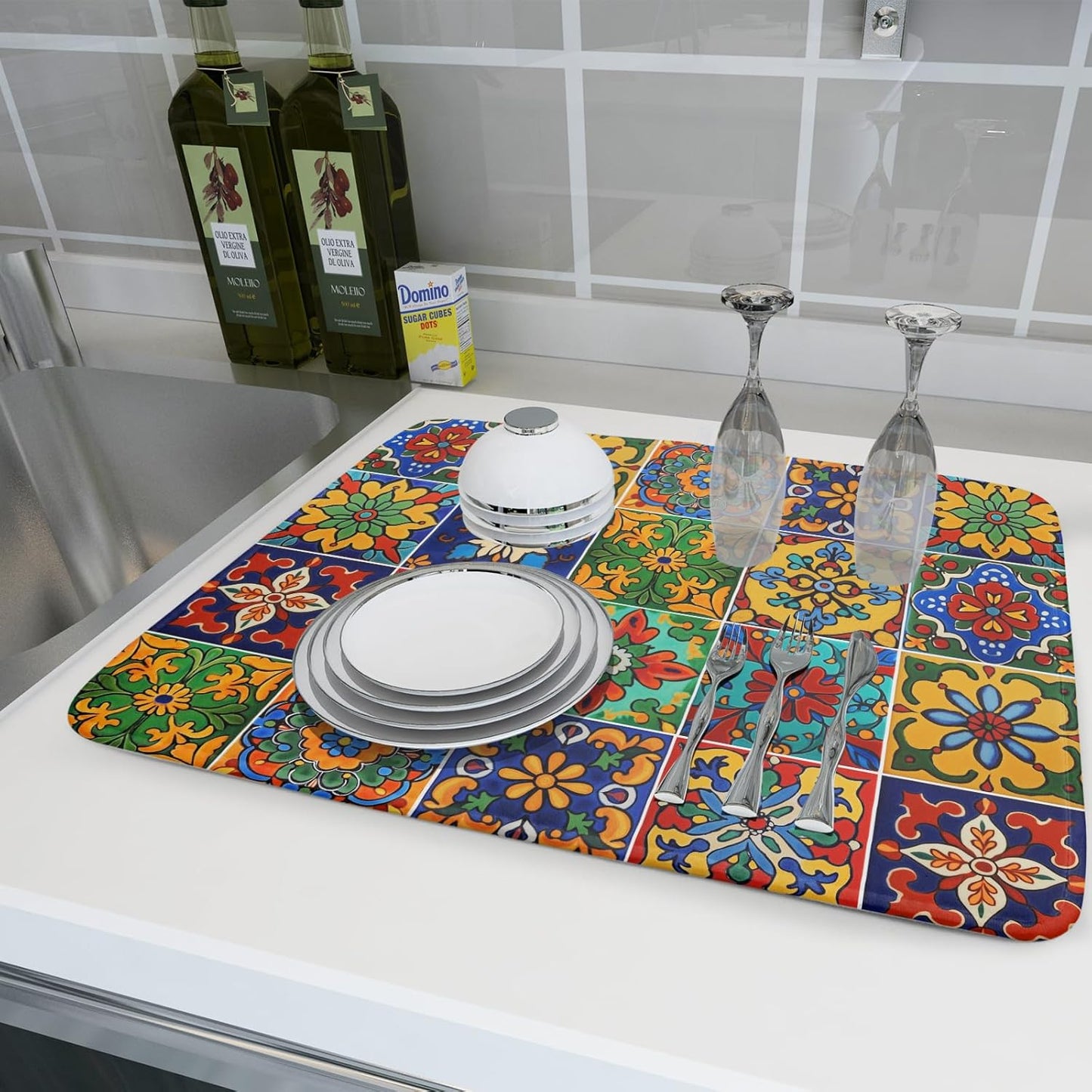 Mexican Tiles Dish Drying Mat for Kitchen Counter Absorbent Microfiber Dish Drying Pad Kitchen Gadgets Multi-use