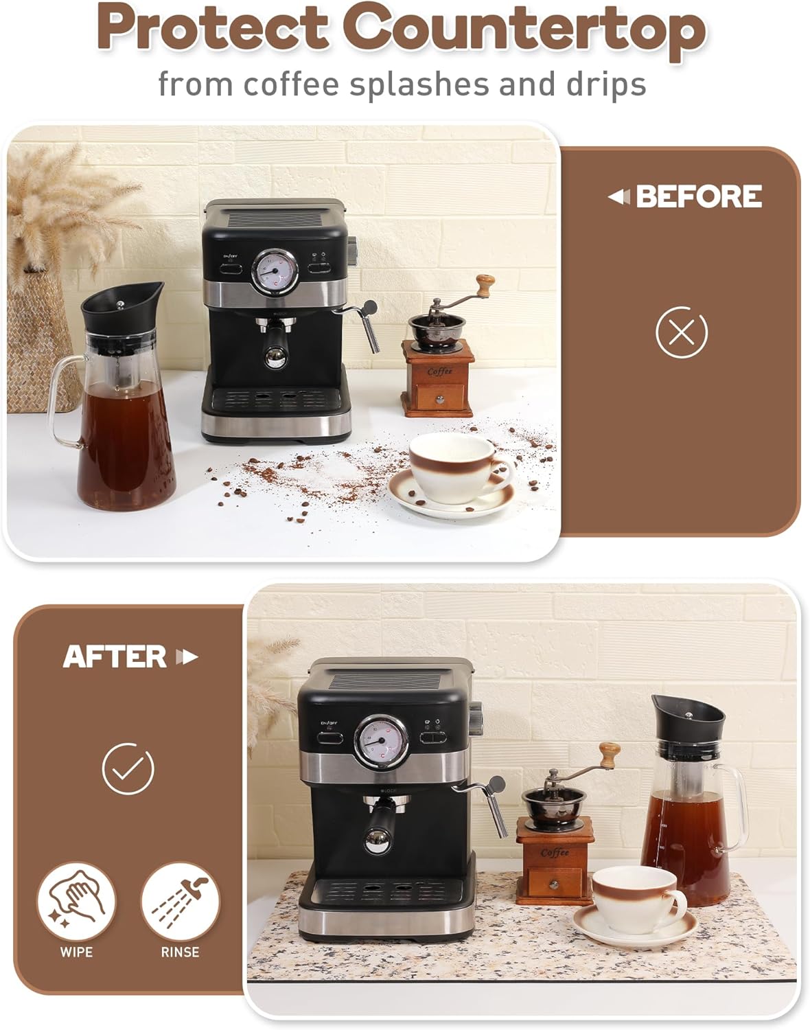 SUEH DESIGN Coffee Mat, Absorbent Dish Drying Mat 23.6 x 15.7 in Quick Dry Coffee Mat Large Drying Mats for Kitchen Counter Coffee Bar, Granite Brown