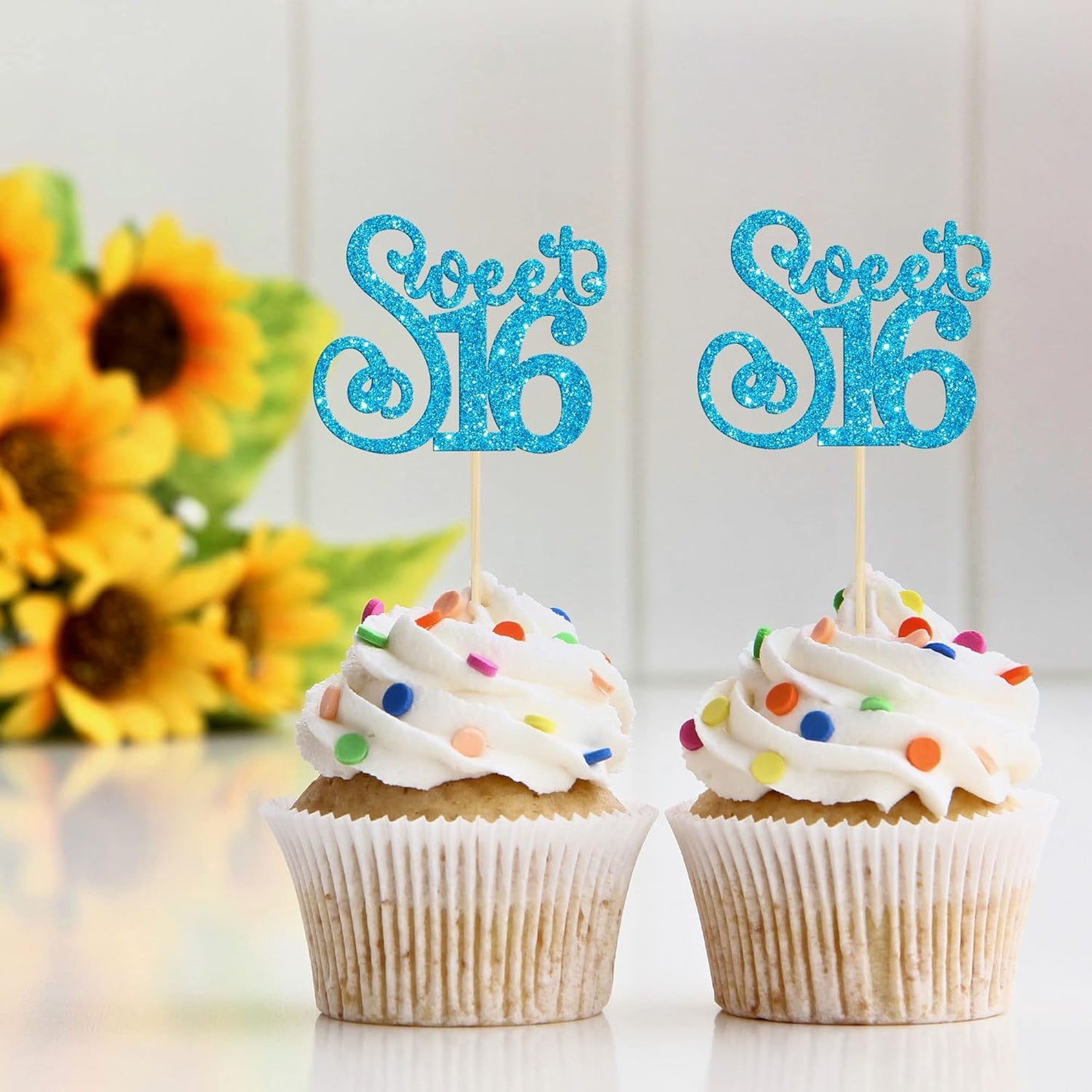 Gyufise 24 Pack 16th Birthday Cupcake Toppers Glitter Sixteen Happy Sweet 16 Cupcake Picks Cheers to 16 Years Old Cupcake Decorations for 16th Birthday Anniversary Party Supplies Light Blue