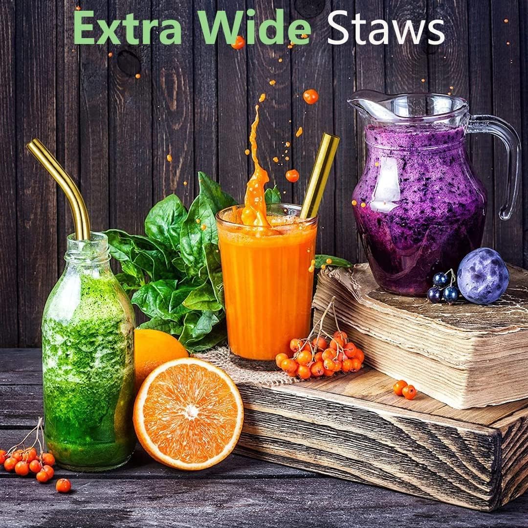 Vinaco 8.5" and 10.5" Big Smoothie & Milkshake Straws, 4 Pack Food-Grade Stainless Steel 0.4" Wide Mouth for Thick Drinks, Gold Metal Reusable