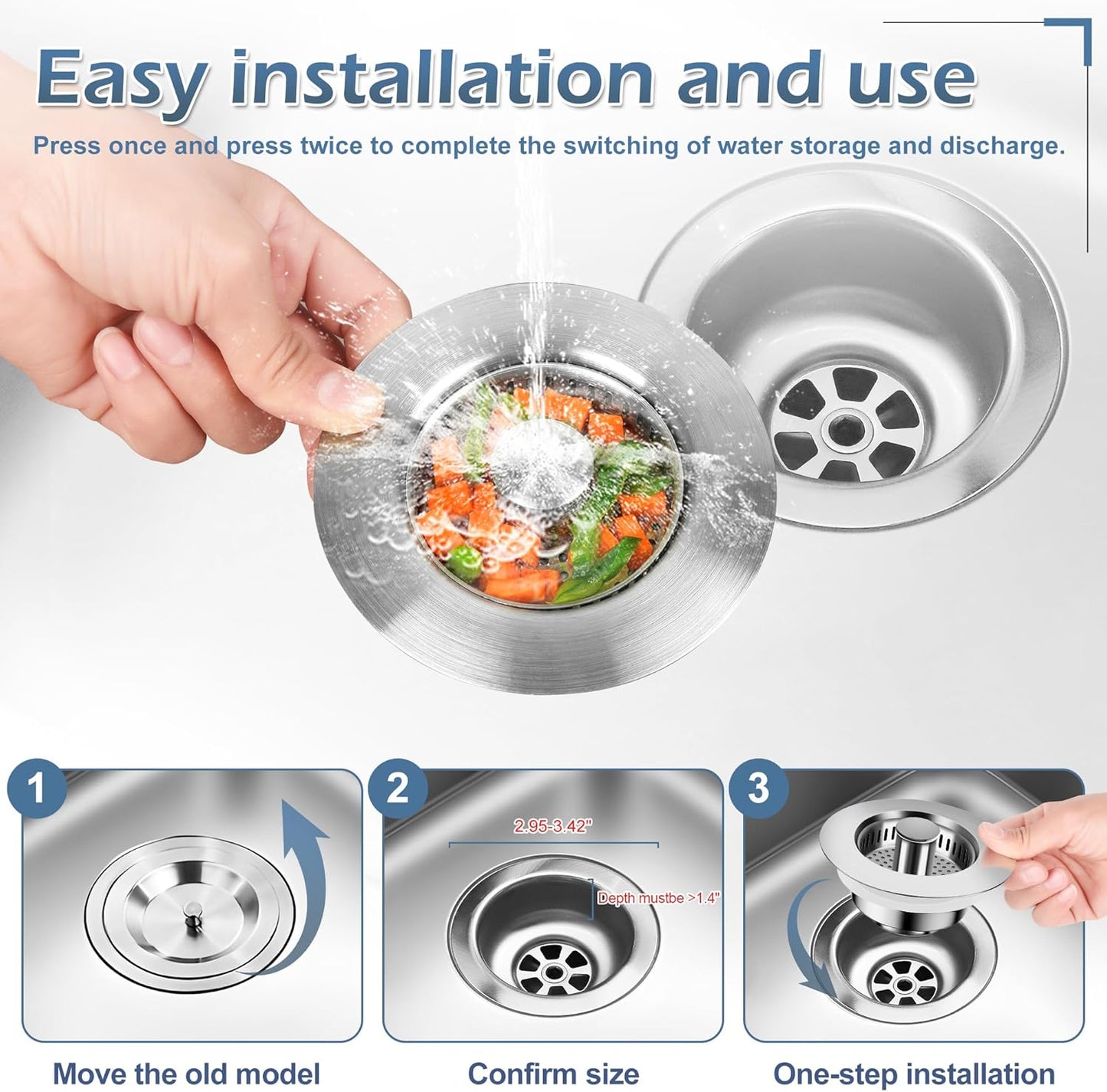 3 in 1 Kitchen Sink Drain Strainer ，304 Stainless Steel Kitchen Sink Stopper and Basket,Long-Term Water Storage，Bass Bounce Core，General，Filter for Standard 3-1/2 inch Drain