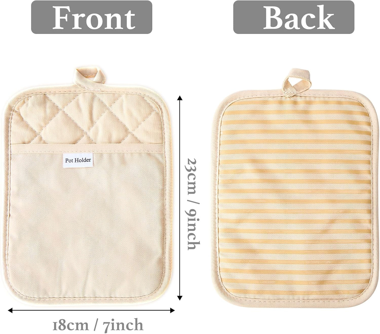 Kitchen Everyday Basic Pot Holder Heat Resistant Coaster Soft Silicone Water Resistant Pot Holder Set Oven Mitts with Pocket, 2 Piece Set, 7"x9" Beige