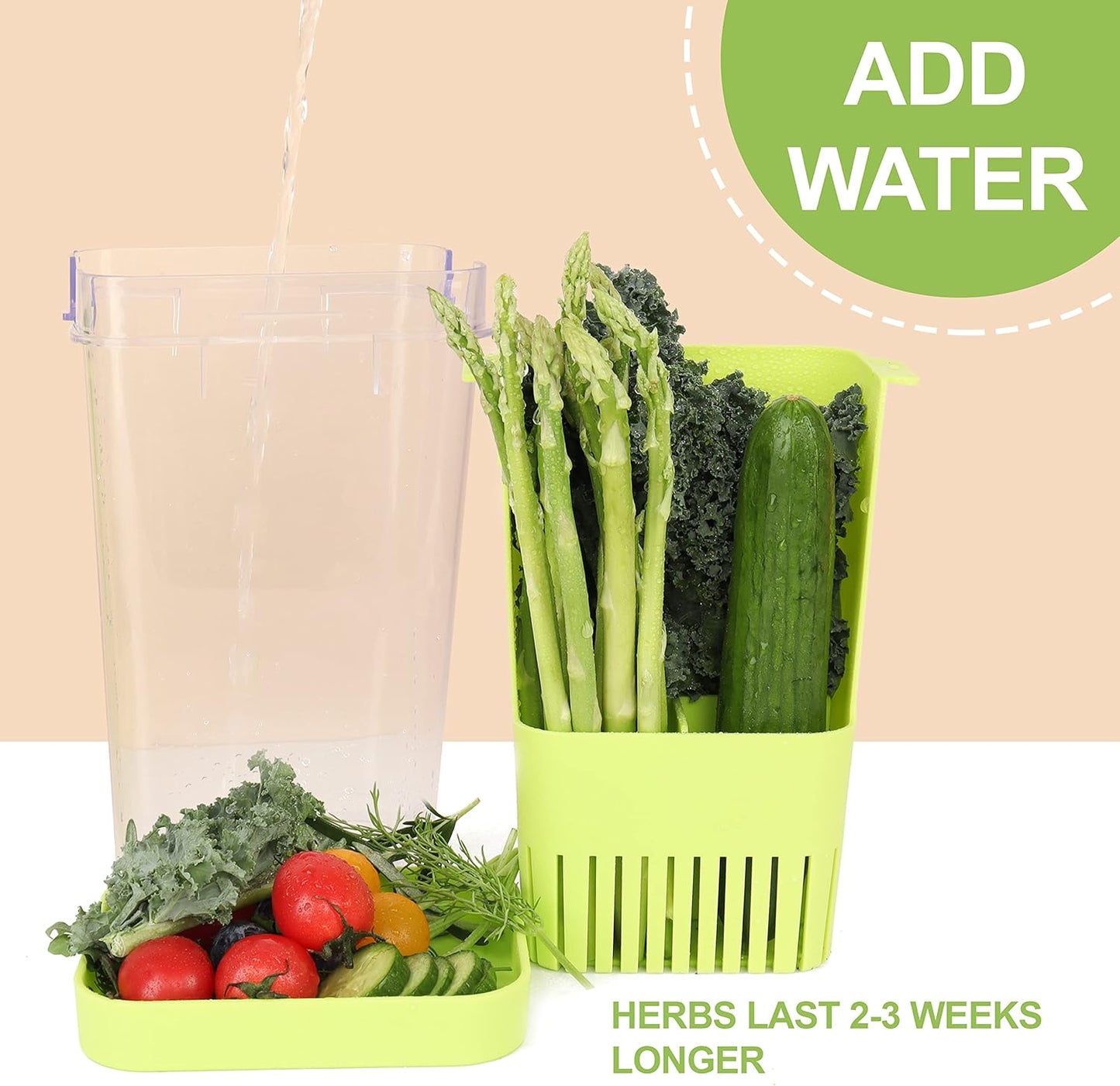 Fresh Herb Keeper for Refrigerator, Clear BPA-Free Herb Saver, Storage Container for Cilantro, Parsley, Thyme, Mint & Asparagus, Preserver Keeps Fresh Herbs for 3 Times Longer, Green & Orange