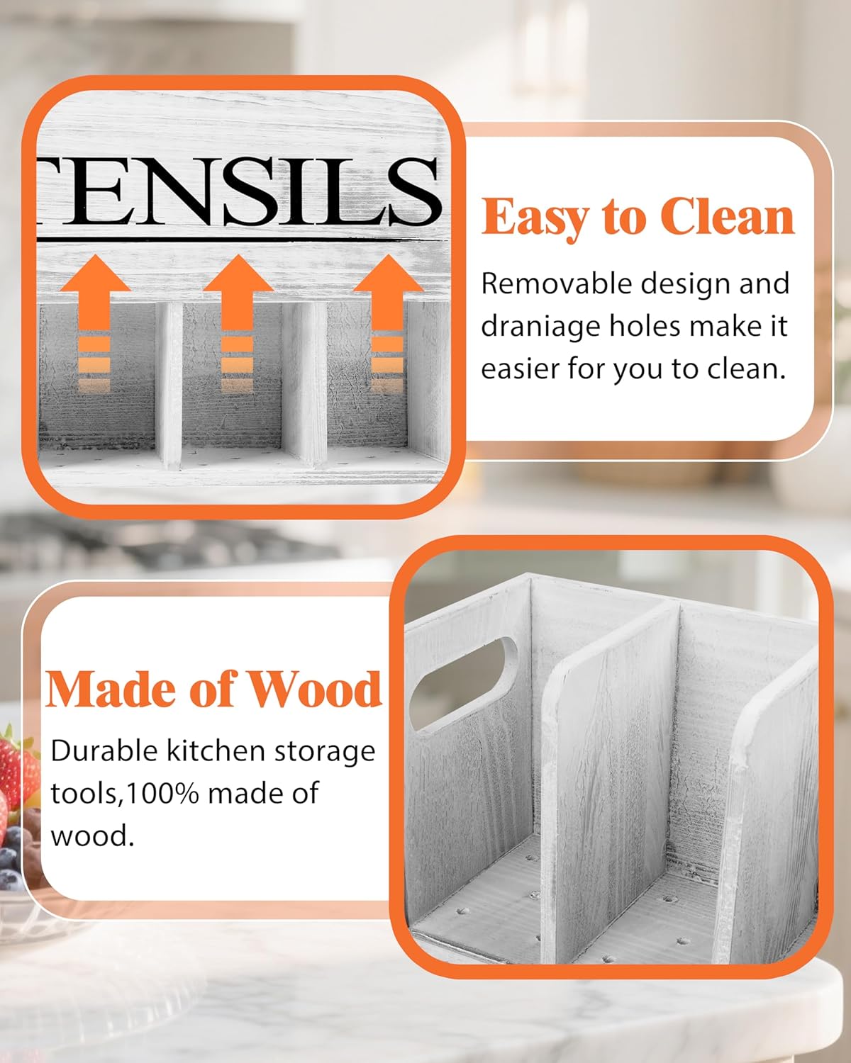 Kitchen Utensil Holder for Kitchen Counter Large Wooden Organizer for Cooking Utensils Utensil Holder Counter Rustic Décor