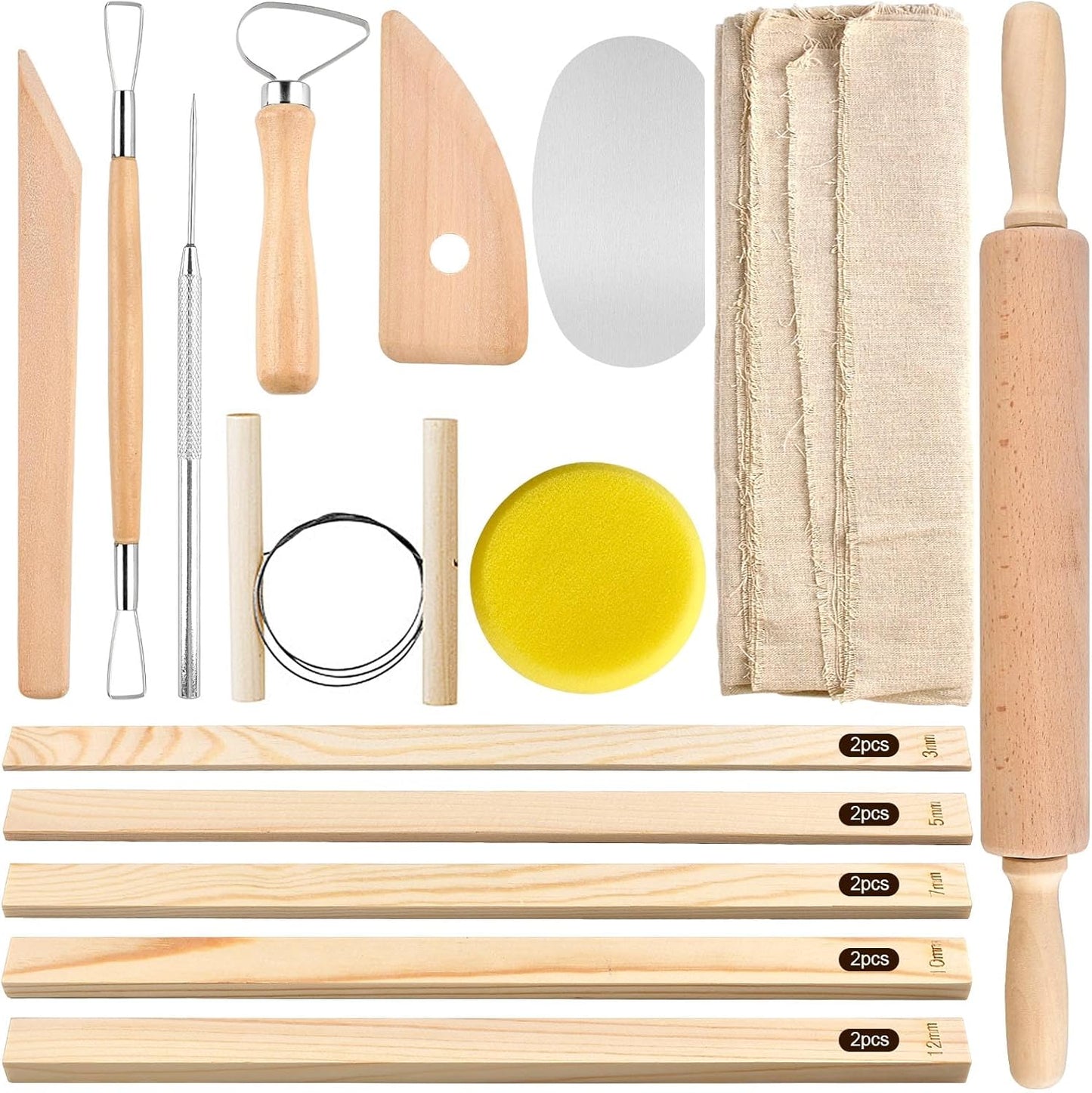 Akamino 20 Pcs Pottery Tools Include 1 Wood Rolling Pin,1 Portable Pottery Linen Tablecloth, 10 Pcs 5 Size Teaching Rolling Mud Stick Guide, 8 Clay Sculpting Tools for Manual Self Ceramic Clay Making