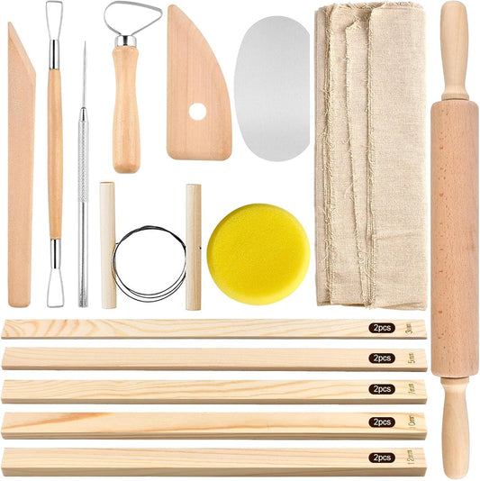 Akamino 20 Pcs Pottery Tools Include 1 Wood Rolling Pin,1 Portable Pottery Linen Tablecloth, 10 Pcs 5 Size Teaching Rolling Mud Stick Guide, 8 Clay Sculpting Tools for Manual Self Ceramic Clay Making