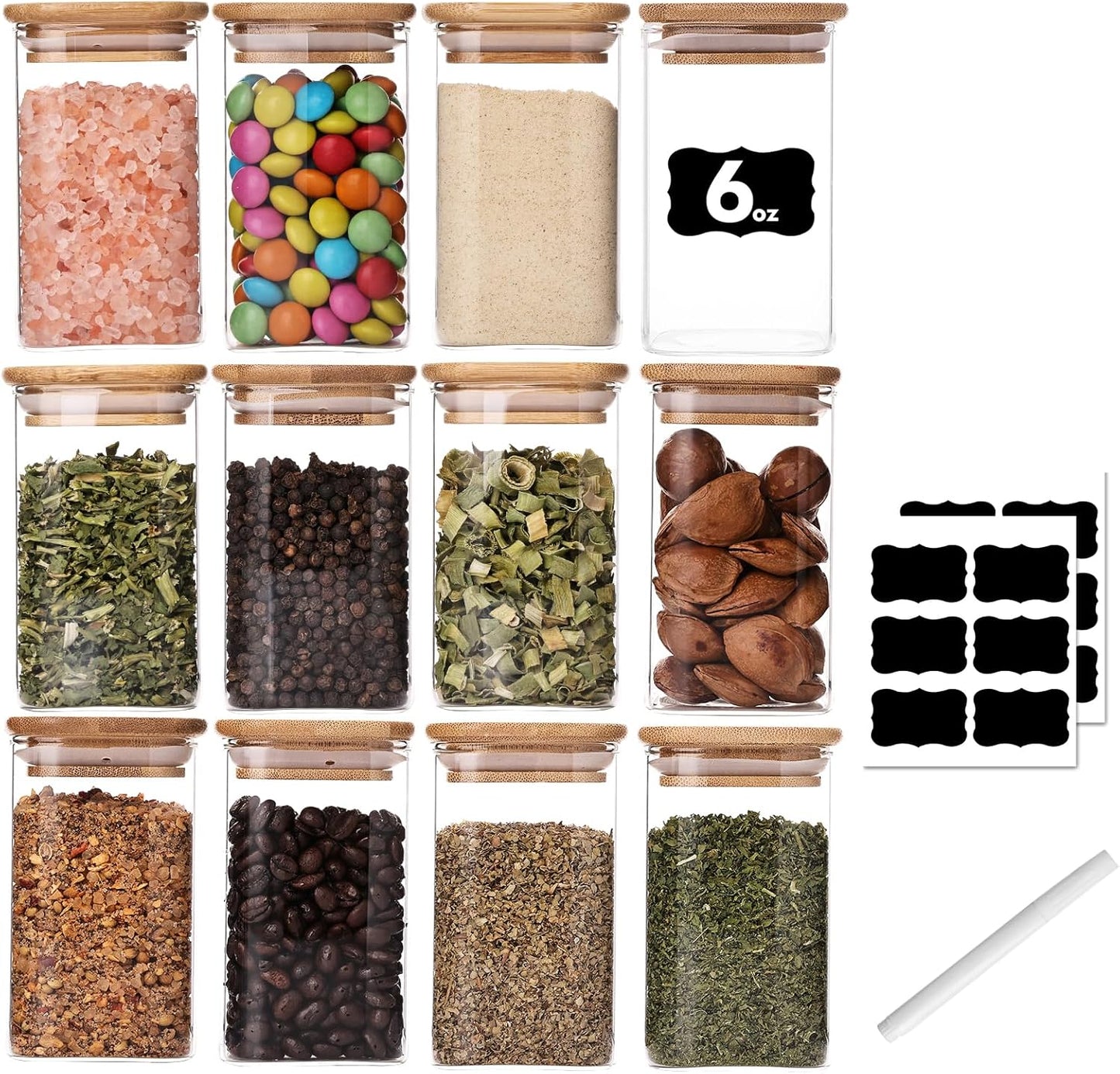 6oz Glass Spice Jars with Bamboo Lid and Label, 12 Pack Square Glass Container, Small Food Storage Containers for Kitchen, Clear Empty Seasoning Jar for Sugar, Salt, Coffee Bean, Herb, Borosilicate