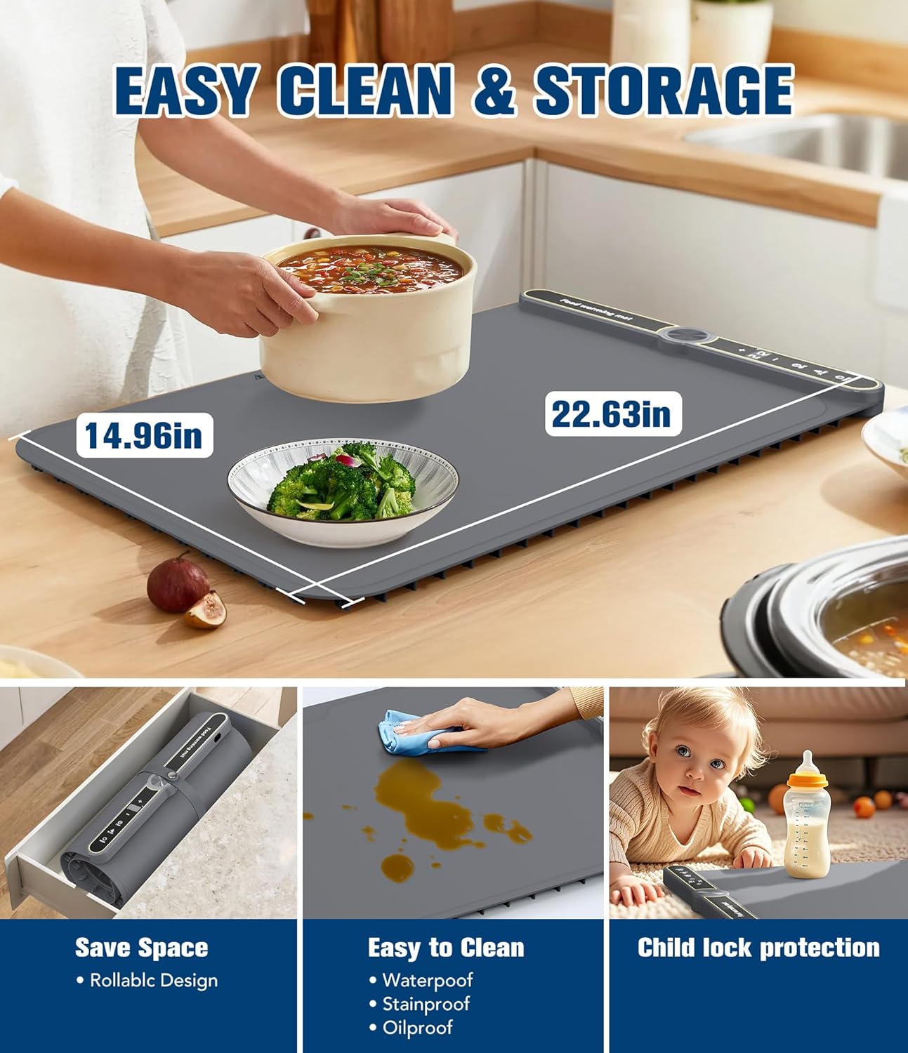 Food Warming Mat, Rapid Heating Electric Warming Tray with 9 Temp Setting and 6 Hours Timer, Foldable Warming Mat for Food, Portable Food Warmers for Parties Buffet, Gray