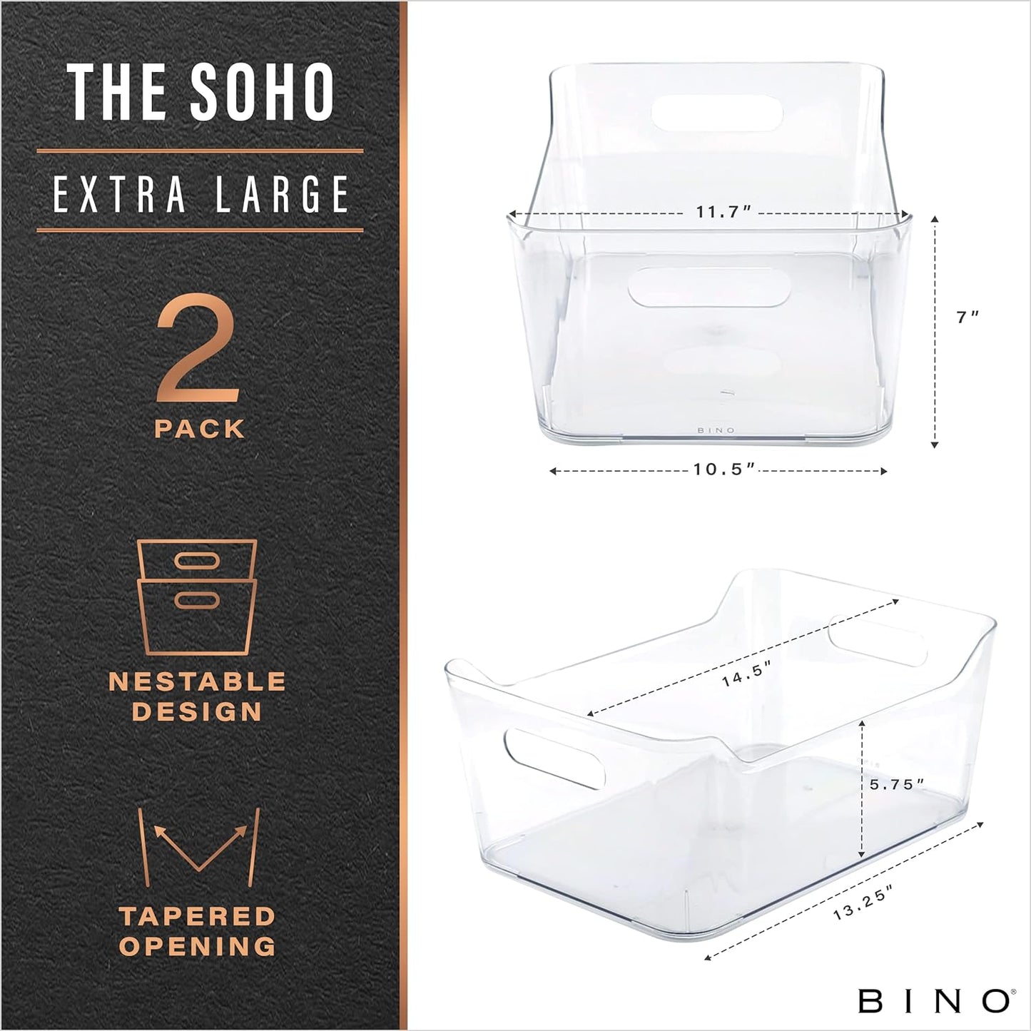 BINO | Plastic Storage Bins, X-Large - 2 Pack, Clear | THE SOHO COLLECTION | Pantry Organizers and Storage Containers Fridge Organizer Bins Kitchen Cabinet Organizer Medicine Cabinet Organizer Bin