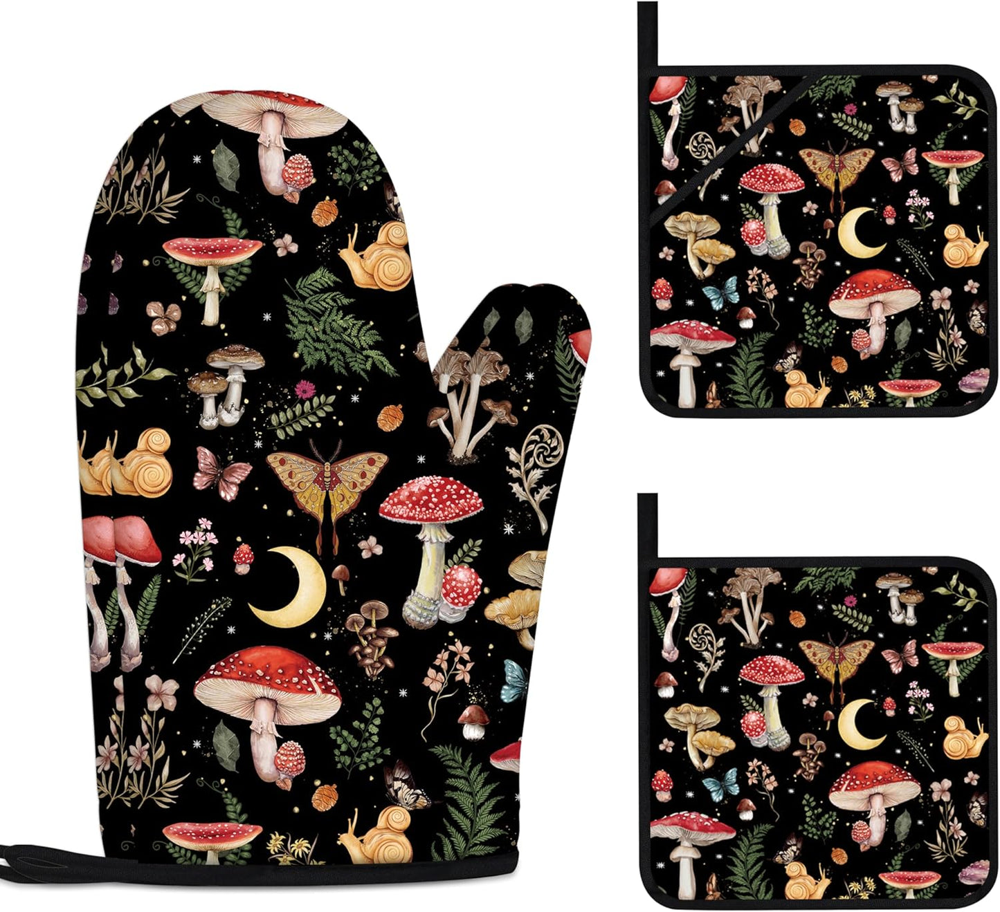Mushroom Oven Mitts and Pot Holders Sets Cute Oven Gloves Heat Resistant 4 Pcs Funny Decorative Kitchen Hot Pads and Mitts for Baking Cooking Grilling