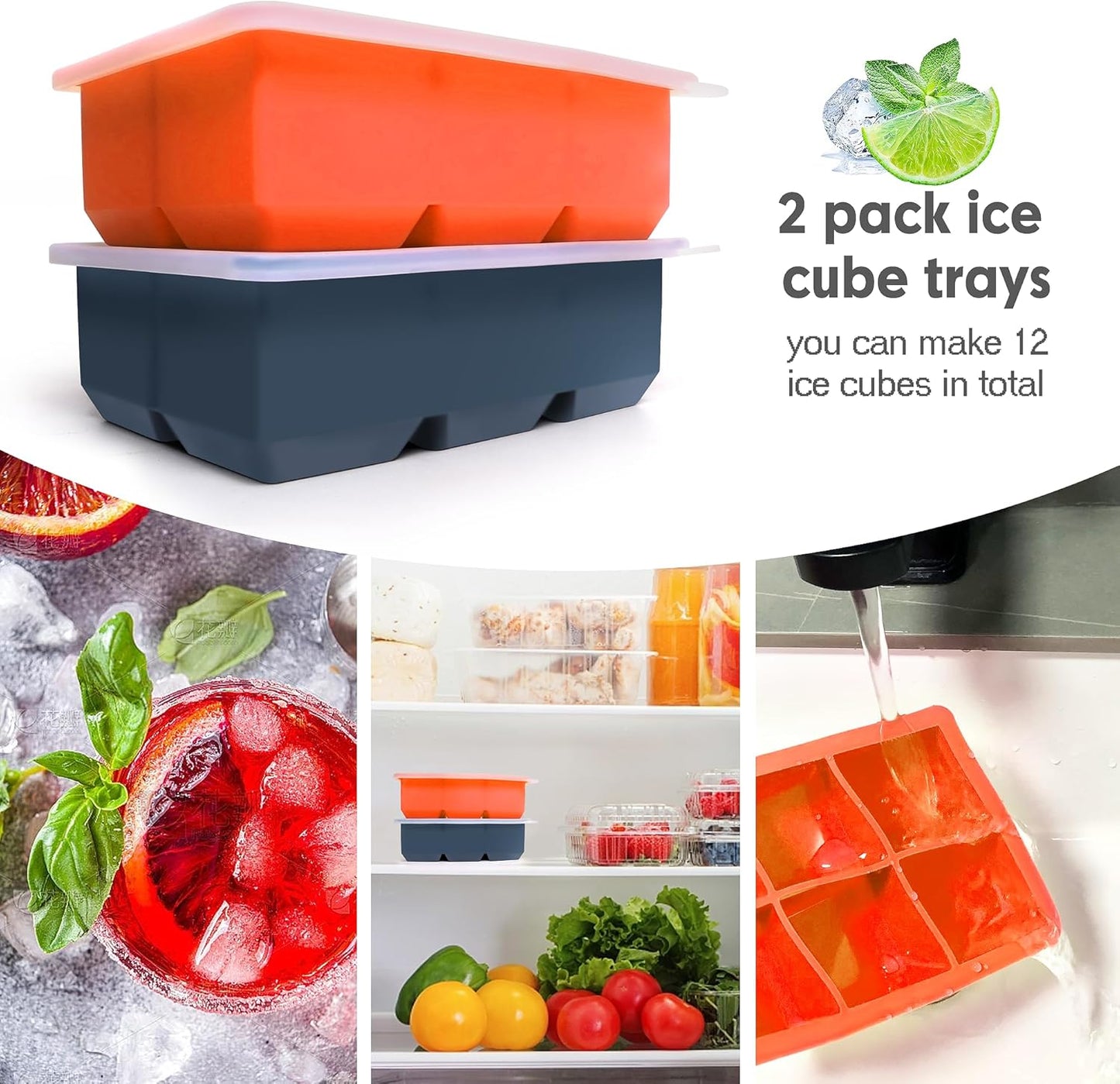 Silicone Ice Cube Trays with Lids,Large Square Ice Cube Molds for Freezer, Whiskey, Cocktail, Stackable Flexible and Reusable & Easy Release BPA Free (2 Pack&Dark Gray and Orange)