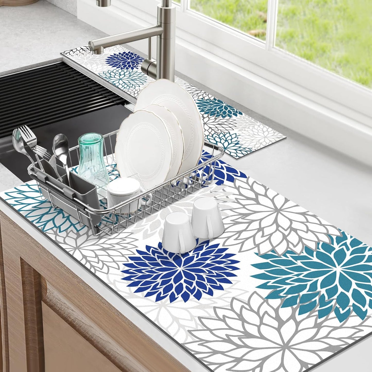 Findosom 2PCS 17" x 32" Dish Drying Mat & 24" x 5.5" Sink Splash Guard, Super Absorbent & Cuttable Dish Mat Drying Kitchen Mat with Blue Floral, Hide Stain Drying Mat for Kitchen Counter