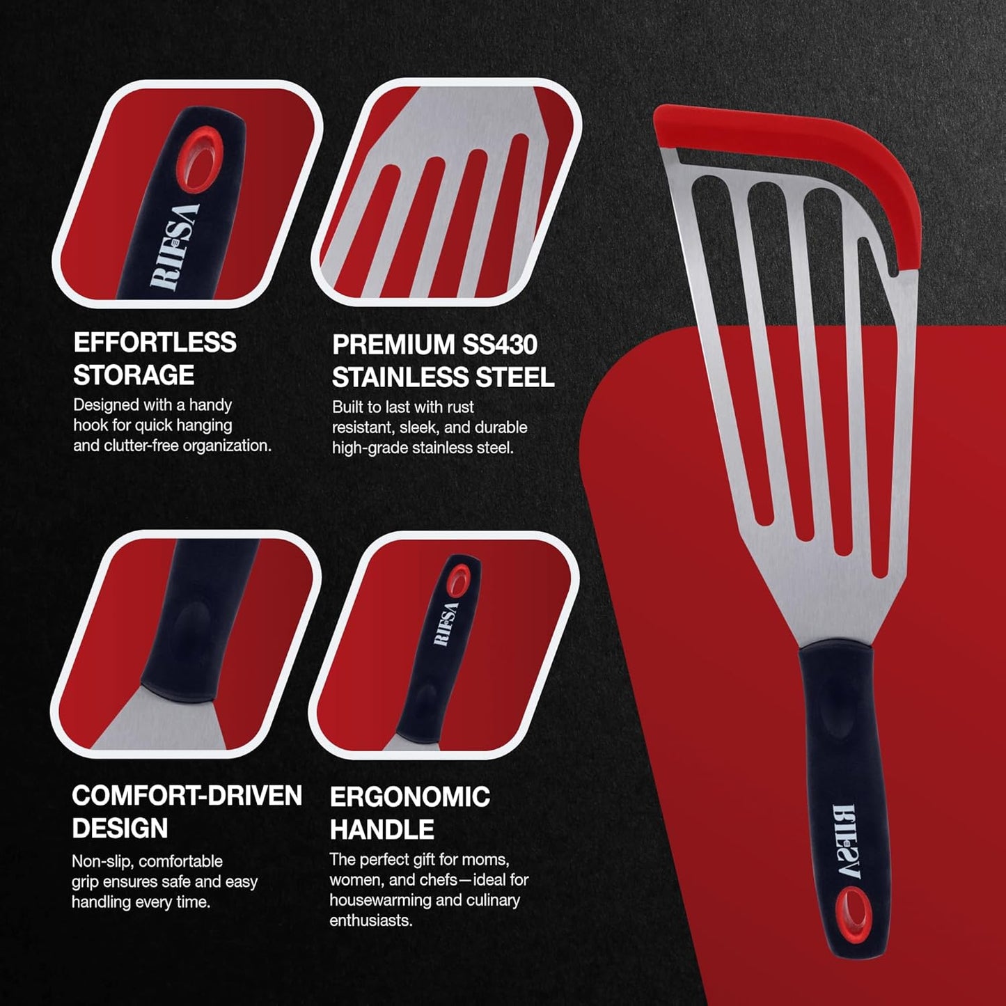 Fish Spatula Set of 2, Stainless Steel Fish Spatulas with Heat-Resistant Silicone Tips, Non-Scratch Design for Non-Stick Cookware, Silicone Slotted Spatula for Frying, Flipping Fish, Eggs & Pancakes