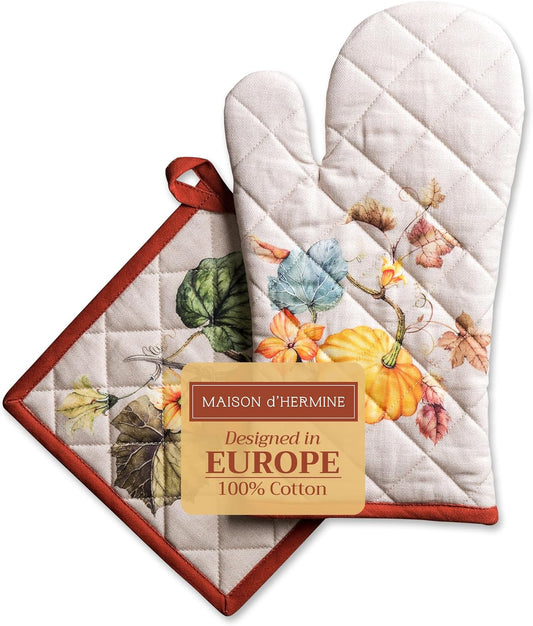Maison d' Hermine 100% Cotton Oven Mitt & Pot Holder Set (7.5"x13" & 8"x8") Heat Resistant BBQ Cooking Gloves with Loop, Baking, Grilling, Kitchen, Handling Hot Pans (Potiron)