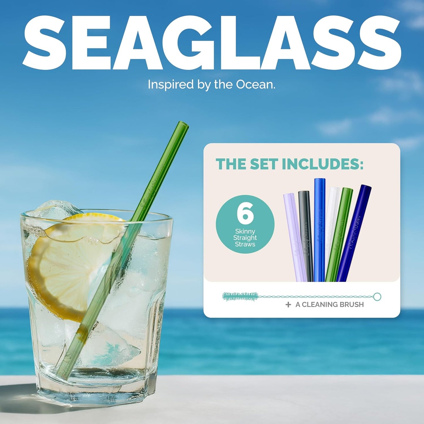 Simply Straws 6 Inch Skinny Glass Straws (6-Pack) - Reusable Cocktail Straws for Mixed Drinks, Low Balls, Coffee & Tea, with Cleaning Brush – Dishwasher Safe, Hot & Cold Use, BPA-Free (Sea Glass)