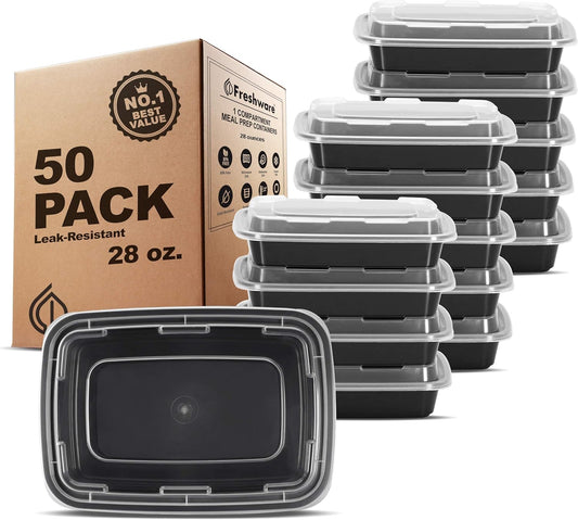 Freshware Meal Prep Containers 1 Compartment Food Storage Containers with Lids, Bento Box, BPA Free, Stackable, Microwave/Dishwasher/Freezer Safe (28 oz), 50 Count (Pack of 1)