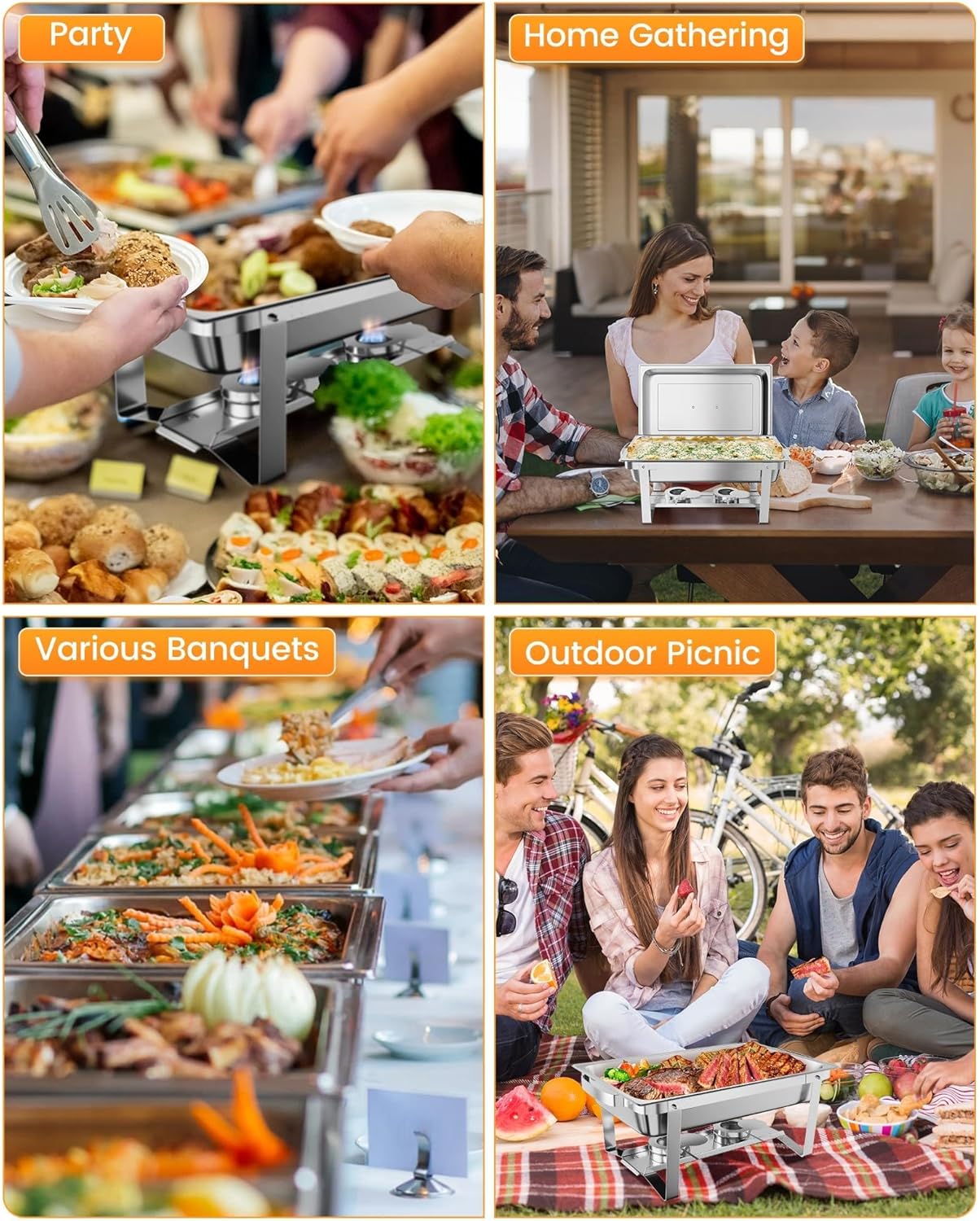 GarveeHome Chafing Dish Buffet Set 4 Pack, 8 QT Food Servers and Warmers Stainless Steel Chafer with Water Pan for Weddings, Parties, Banquets, and Catering