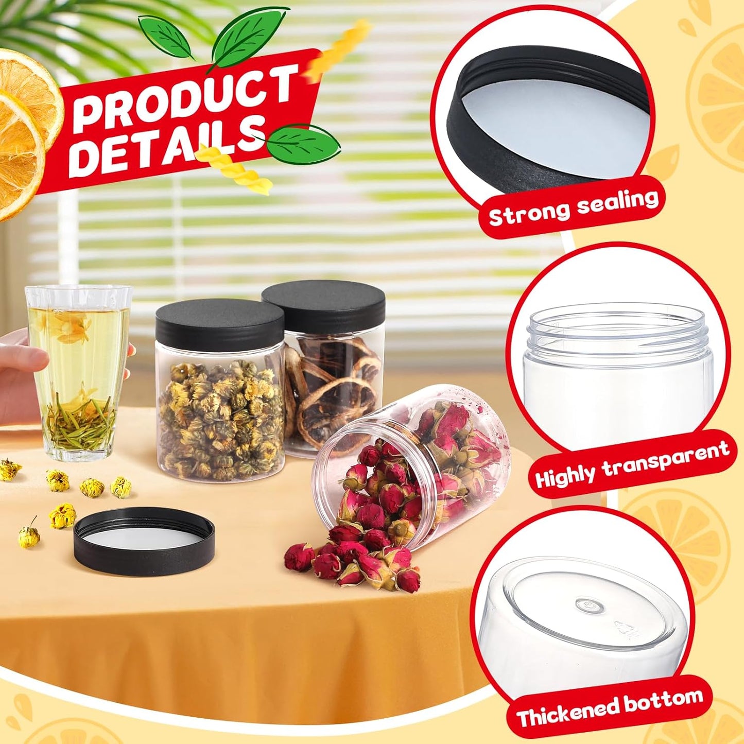 48 PCS 8 OZ Plastic Jars with Screw On Lids,Labels Refillable Empty Round Slime Containers for Storing Dry Food, Honey Jam, Cream, Butter, Lotion, black