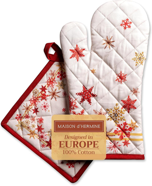 Maison d' Hermine 100% Cotton Oven Mitt & Pot Holder Set (7.5"x13" & 8"x8") Heat Resistant BBQ Cooking Gloves with Loop, Baking, Grilling, Kitchen, Handling Hot Pans (Crystal Star)