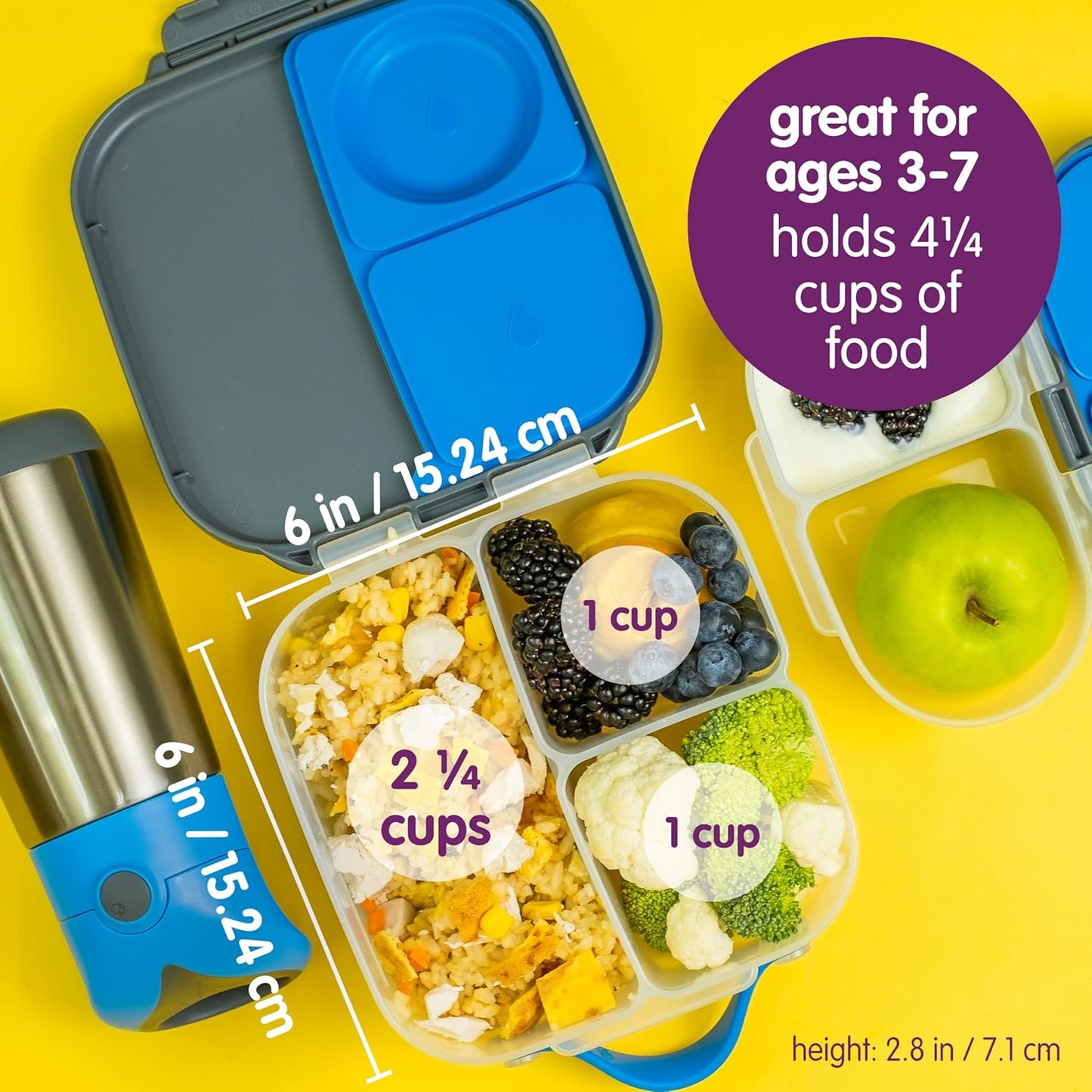 b.box Mini Lunch Box, Bento Box for Kids, Snack Container with 2 Leak Proof Compartments, Reusable Snack Containers with Lids, Kids Lunch Boxes Ages 3+, BPA Free, 4 1/4 Cup Capacity (Blue Slate)
