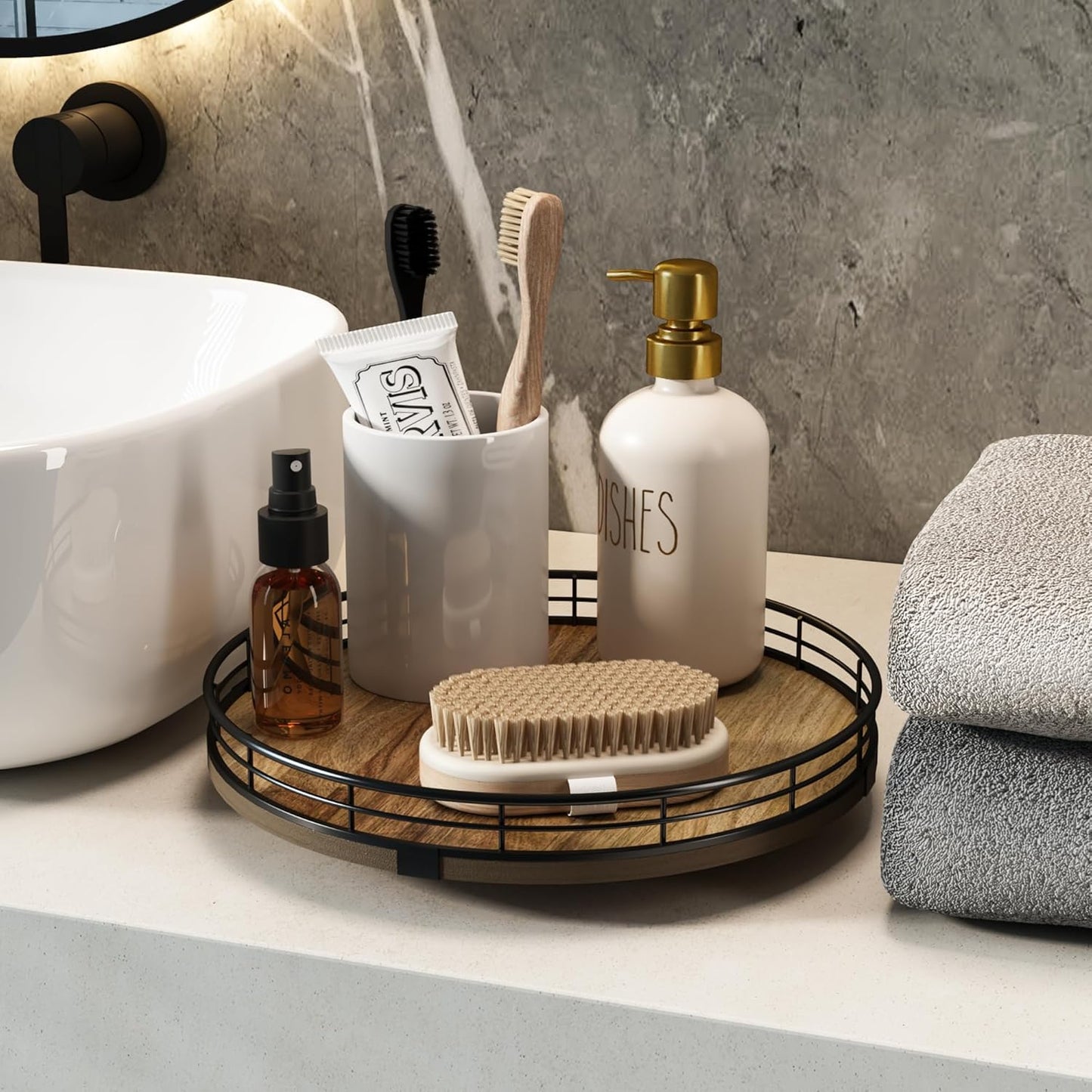 Acacia Wood 10" Lazy Susan Turntable Organizer for Table Top, Farmhouse Round Wooden Lazy Susan for Cabinet Kitchen Centerpieces Coffee Table, for Condiments Spices, Bathroom Vanity Tray Decor