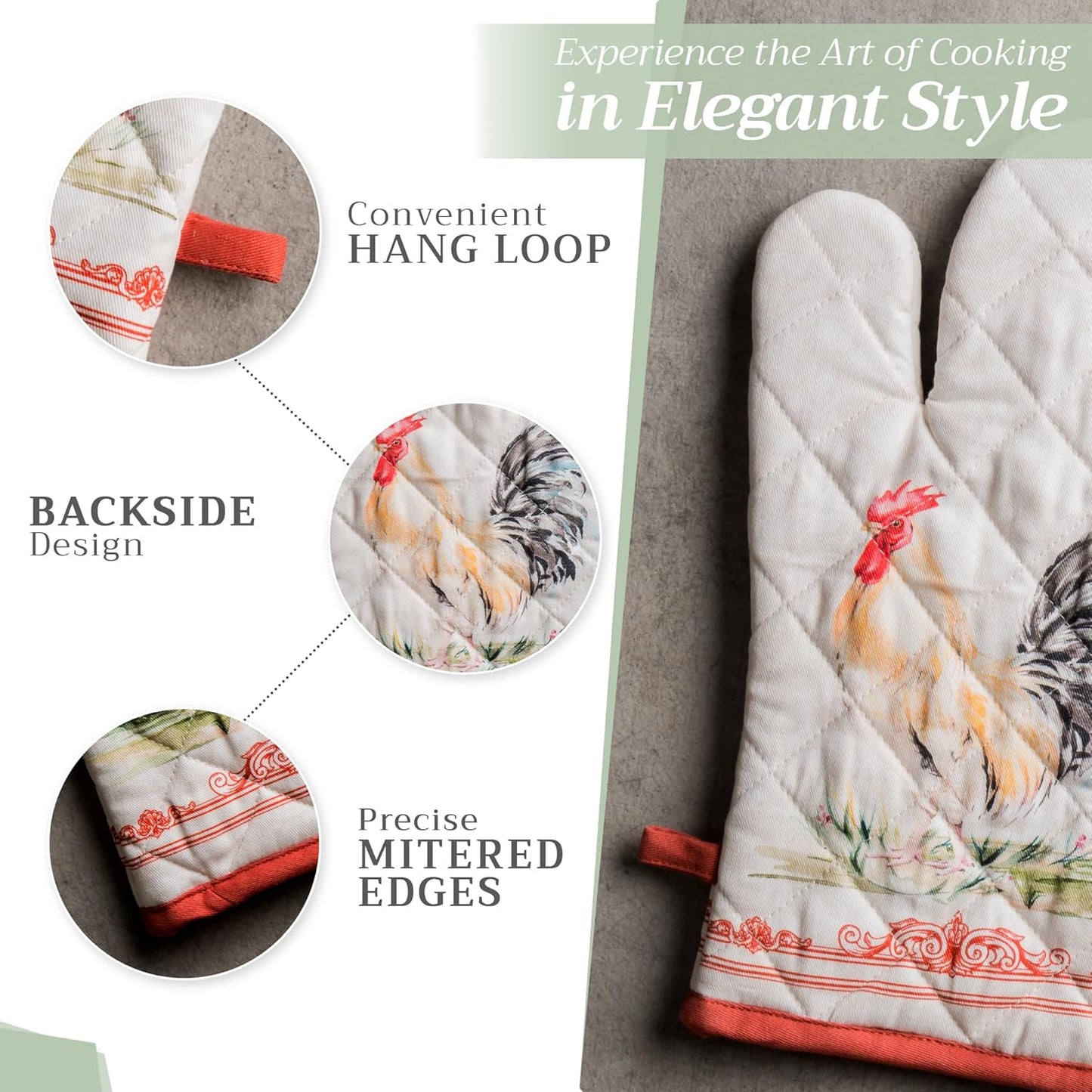 Maison d' Hermine 100% Cotton Oven Mitt & Pot Holder Set (7.5"x13" & 8"x8") Heat Resistant BBQ Cooking Gloves with Loop, Baking, Grilling, Kitchen, Handling Hot Pans Spring/Summer (Campagne)