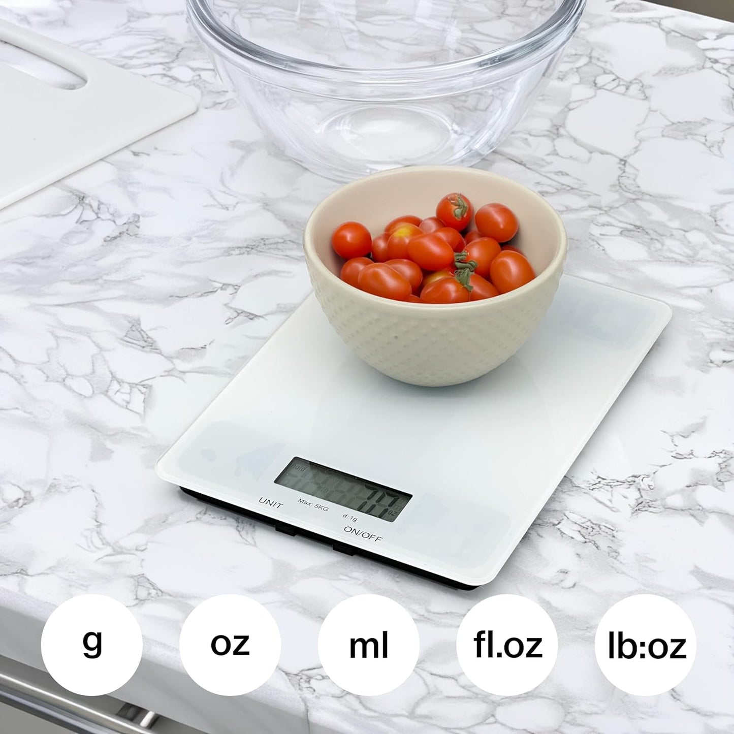 PantryPro Glass Platform Digital Kitchen Scale - 11lbs / 5kg Capacity - LCD Display g kg oz lb fl.oz ml - CR2032 Battery Included - White