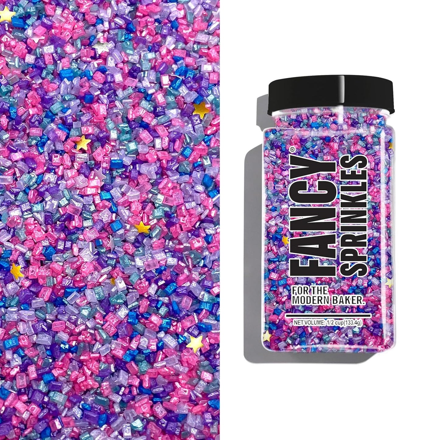 Fancy Sprinkles Chromatica Fancy Sugar Pearlescent Hot Pink, Blue, Purple, White, and Teal Sugar Crystals Flecked with Silver and Gold Mini Edible Glitter Stars (4 OZ)