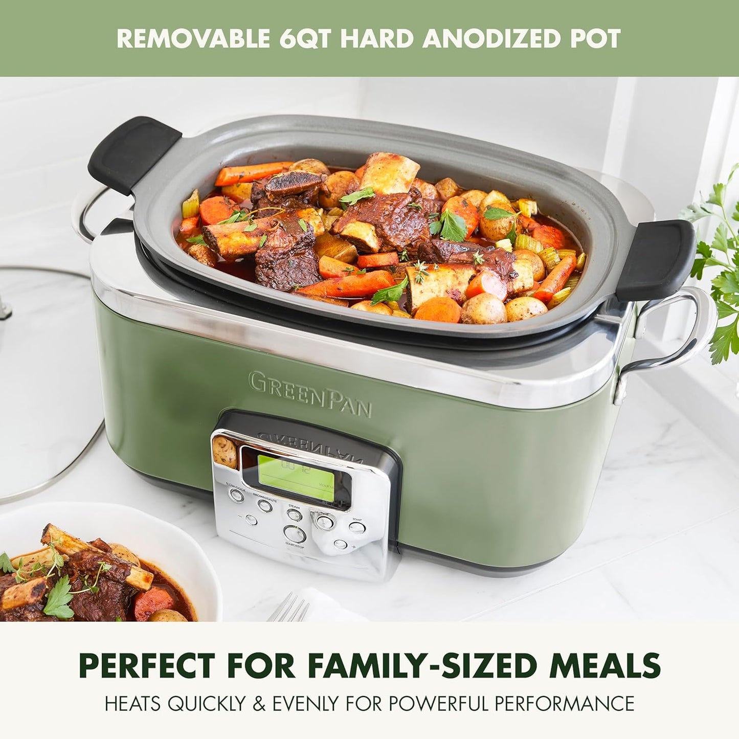 GreenPan Elite 8-in-1 Programmable 6QT Electric Slow Cooker, Dishwasher Safe Lid & Removable Crock, PFAS-Free Healthy Ceramic Nonstick Multi-Cooker, Sear, Sauté, Brown, Steam Basket, Roast, Sage Green