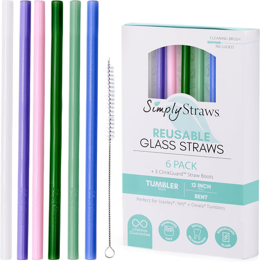 Simply Straws 12 Inch Glass Straws Straight (6-Pack) – Reusable Glass Straws for Stanley 40 Oz Tumbler, with Cleaning Brush – Durable, Dishwasher Safe, Hot & Cold Use, BPA-Free (Cote d'Azur)