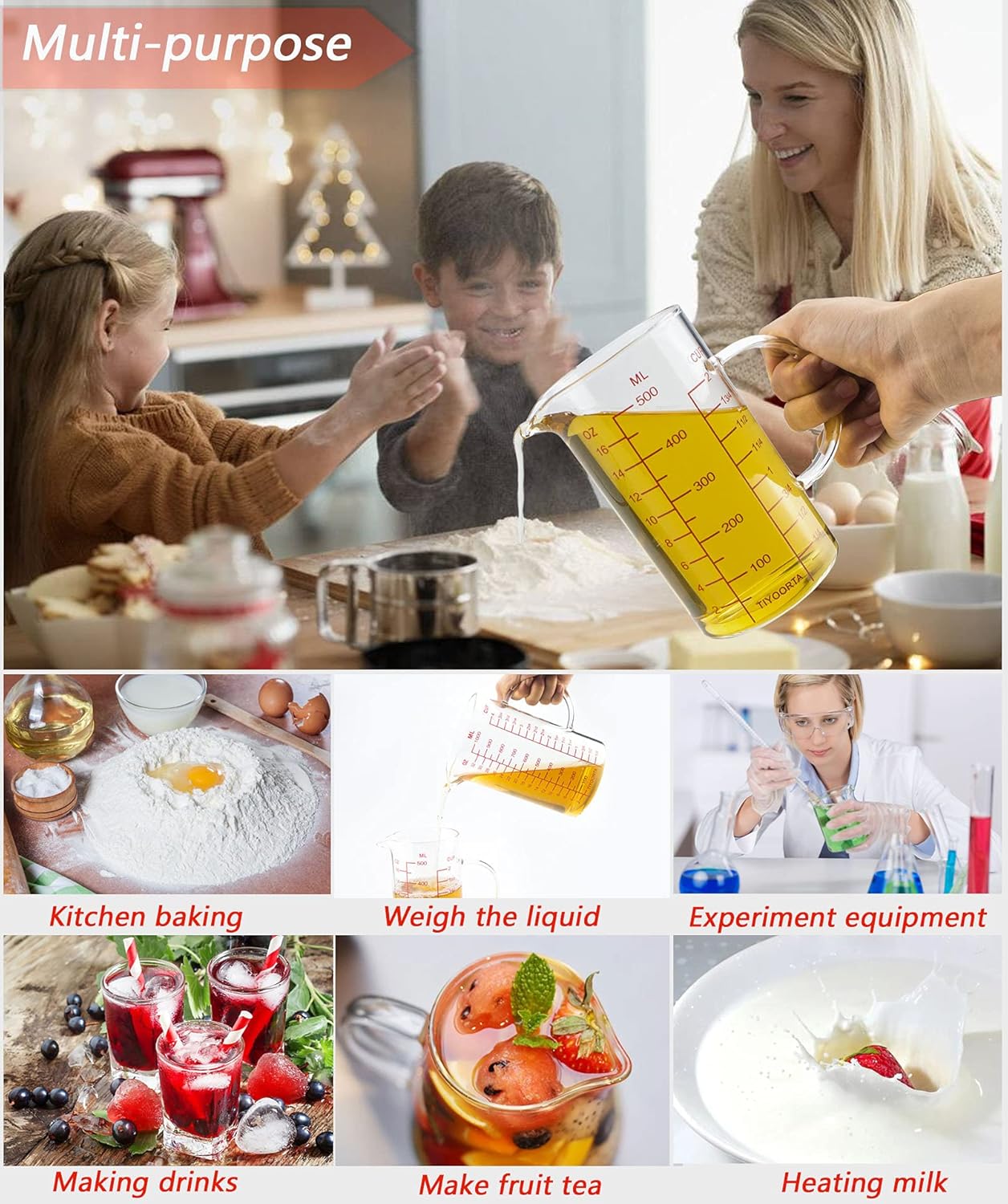 Glass Measuring Cup with Handle, Three Scales (OZ, Cup, ML), V-Shaped Spout, Measuring Beaker for Kitchen or Restaurant, Easy to Read, by TIYOORTA (1000ML RED)