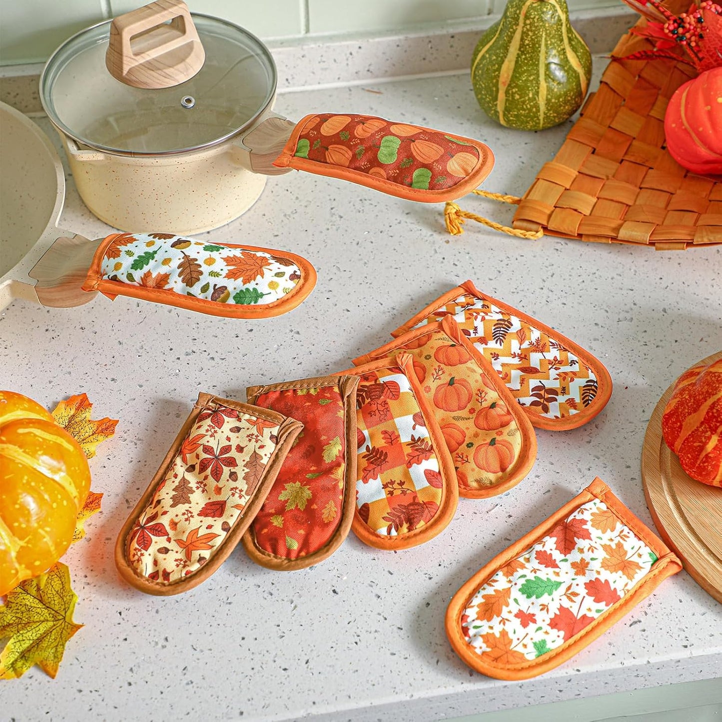 Patelai 8 Pieces Fall Cast Iron Skillet Handle Covers Pan Handle Holder Sleeve Heat Resistant Non Slip Skillet Pot Holders Mitt for Fall Thanksgiving Kitchen Cooking BBQ Baking Cookware, 8 Styles