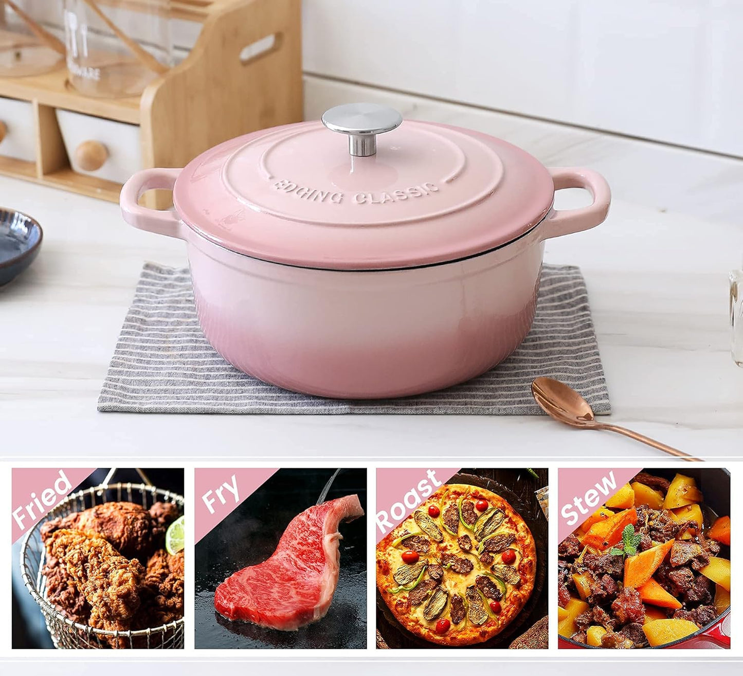 Enameled Cast Iron Covered 5.5 Quart Dutch Oven with Dual Handle, Dutch Ovens with Lid for Bread Baking, Pink