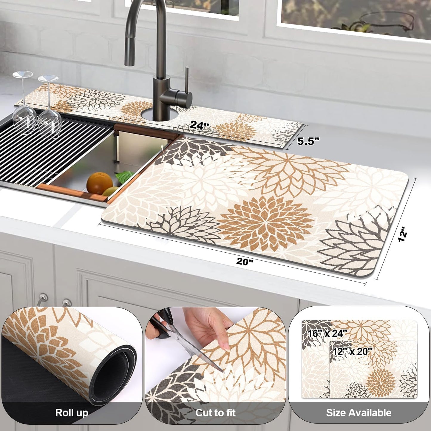 Findosom 2PCS 12" x 20" Dish Drying Mat & 24" x 5.5" Sink Splash Guard, Super Absorbent & Cuttable Dish Mat Drying Kitchen Mat with Brown Floral, Hide Stain Drying Mat for Kitchen Counter