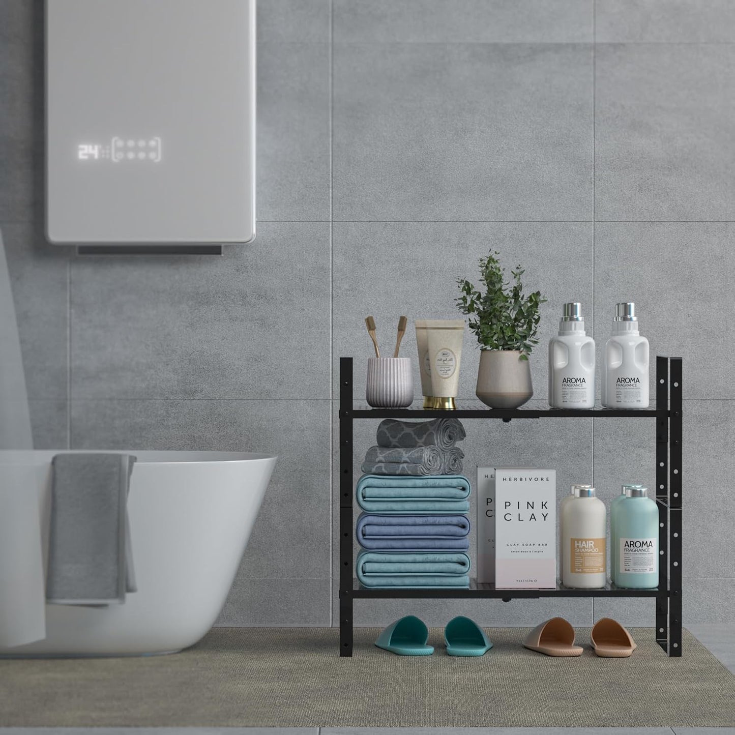 Expandable Shoe Rack Stackable Metal Pantry Storage Shelves Stand Adjustable Height Cabinet Shelf Organizer Racks Spice Shelving(1PACK/BLACK,MEDIUM)