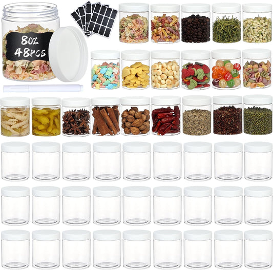 48pcs 8 oz Plastic Containers with Lids Labels Leak Proof BPA Free Airtight Refillable Clear Small Containers Storage Jars for Storing Dry Food Slime Honey Jam,white