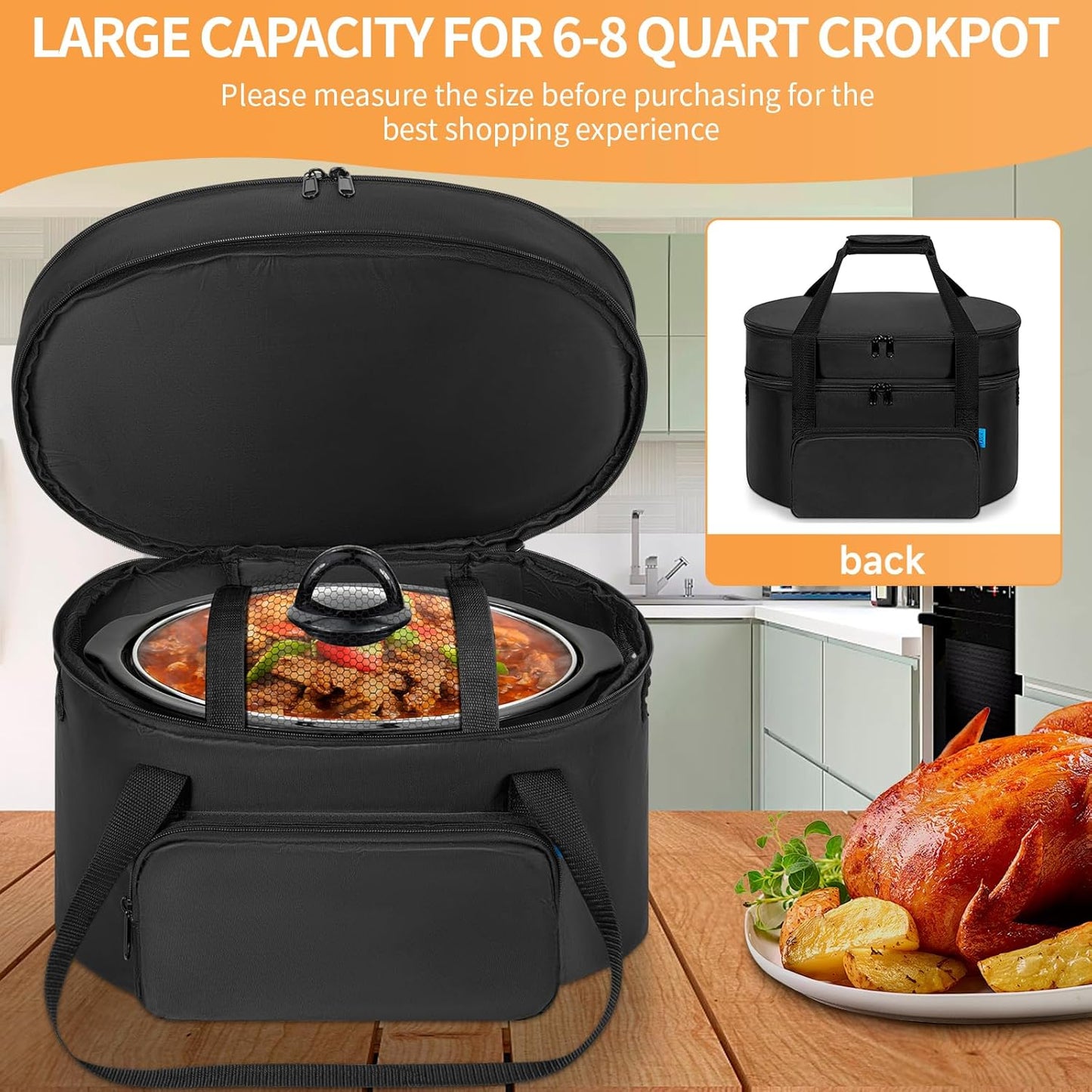 Double-Layer Slow Cooker Travel Bag Compatible with 6, 7, 8 Quart Crock-Pot, Insulated Travel Carrier with Easy to Clean Lining, Black