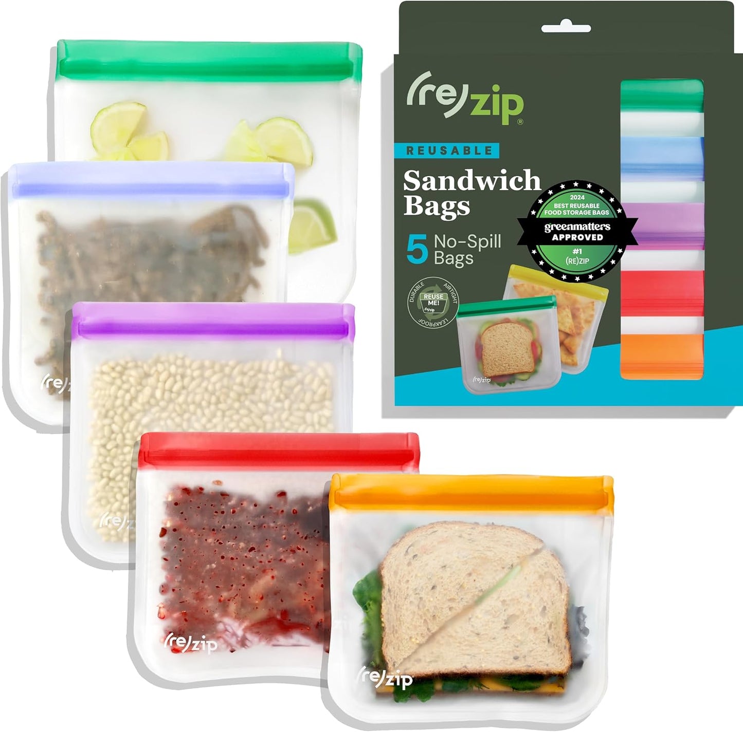 (re) zip 5-pack Reusable Sandwich Lunch Food Storage Bags (28 Fl Oz, 3.5 Cup) | BPA-Free, Food Grade, Leakproof, Freezer Safe, Dishwasher Safe, Travel Friendly | Jewel Tones for Easy Organization
