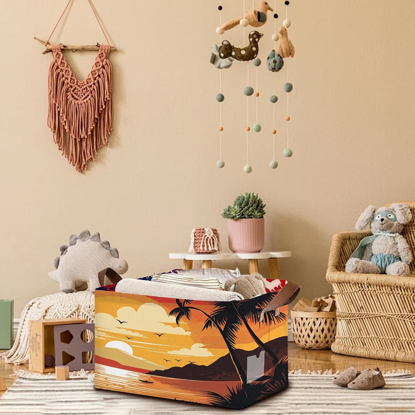 Foldable Collapsible Storage Bin with Summer Sunset Design-17x11.5x10.5 Inch Organizer Basket for Beach Decor, Home Storage-Single Pack, No Lid Space-Saving Box