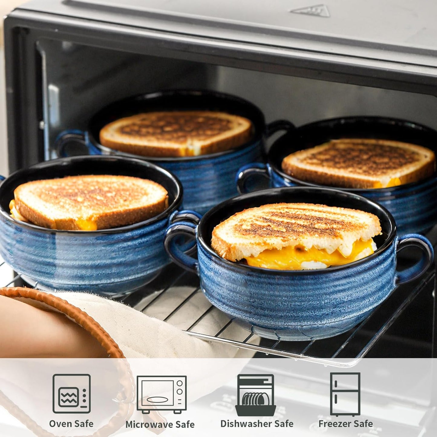 Hasense Soup Bowls with Handles, 20 oz Ceramic French Onion Soup Crocks Set of 4, Stackable Small Serving Bowls for Chili, Stew, Cereal, Microwave Oven and Dishwasher Safe, Blue