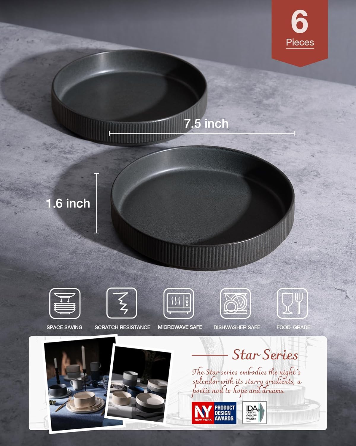 famiware Star 7.5" Pasta Bowls Set, Salad Bowl Set of 6, Double Reactive Glaze, Stackable, Perfect for Your Friend for Housewarming, Thanksgiving, Christmas, Matte Dark Charcoal (Full Glaze)