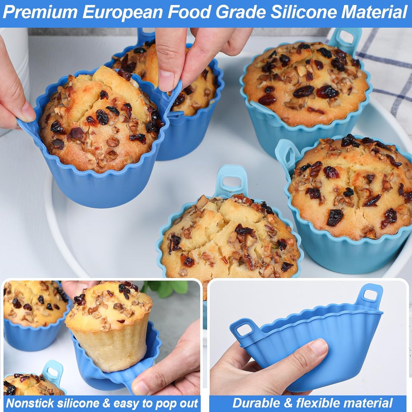 Koluti Nonstick Silicone Muffin Baking Cups Pack of 8, Reusable Cupcake Molds with Double Handle, BPA Free, Small Round Air Fryer Cupcakes Liner, 2 Colors