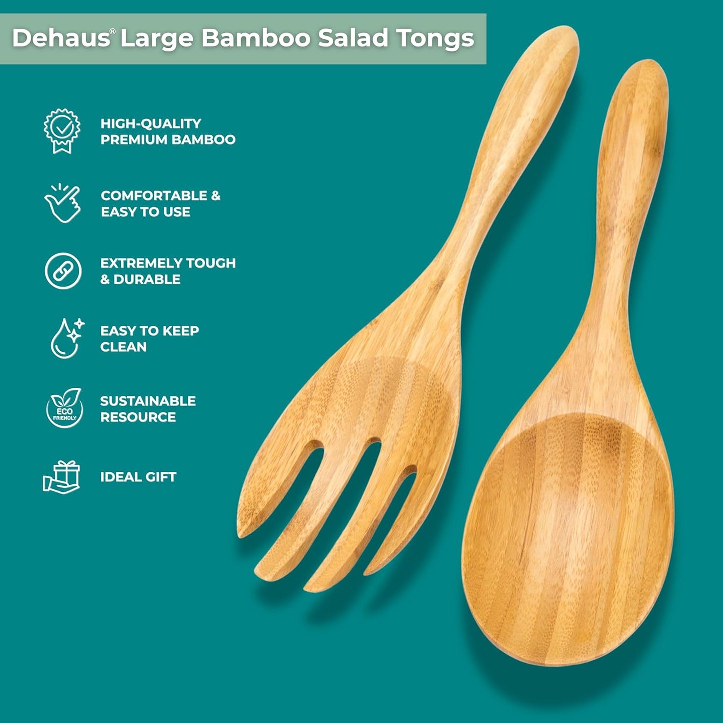 Dehaus® Large Premium Bamboo Salad Tongs - Eco Friendly Wooden Serving Spoons - Salad Serving Utensils - Salad Tosser Forks - Giant Wood Salad Servers - 12 inch Salad Hands