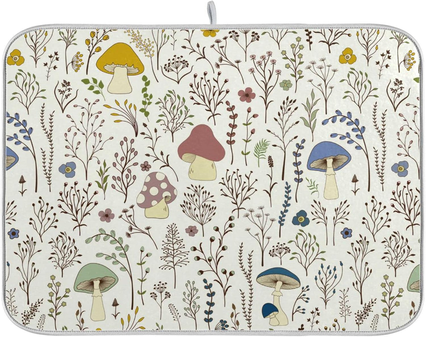 Cute Mushroom Wild Plant Dish Drying Mat for Kitchen Counter Absorbent Microfiber Drying Pad, Medium 16x18 in, Reversible Drainer Mats