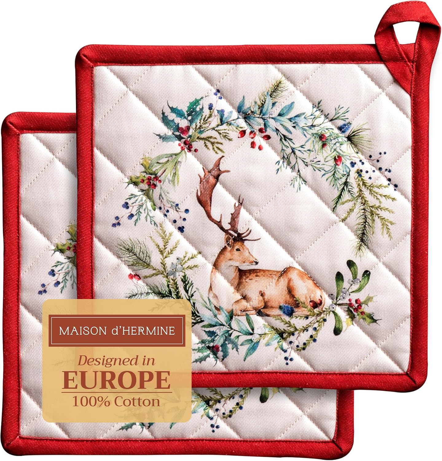 Maison d' Hermine Pot Holders Set 100% Cotton Heat Resistant Potholders 8" x 8" Hot Pads with Loop BBQ, Cooking, Baking, Grilling, Kitchen, Handling Hot Pans (Pack of 2, Holly Time)