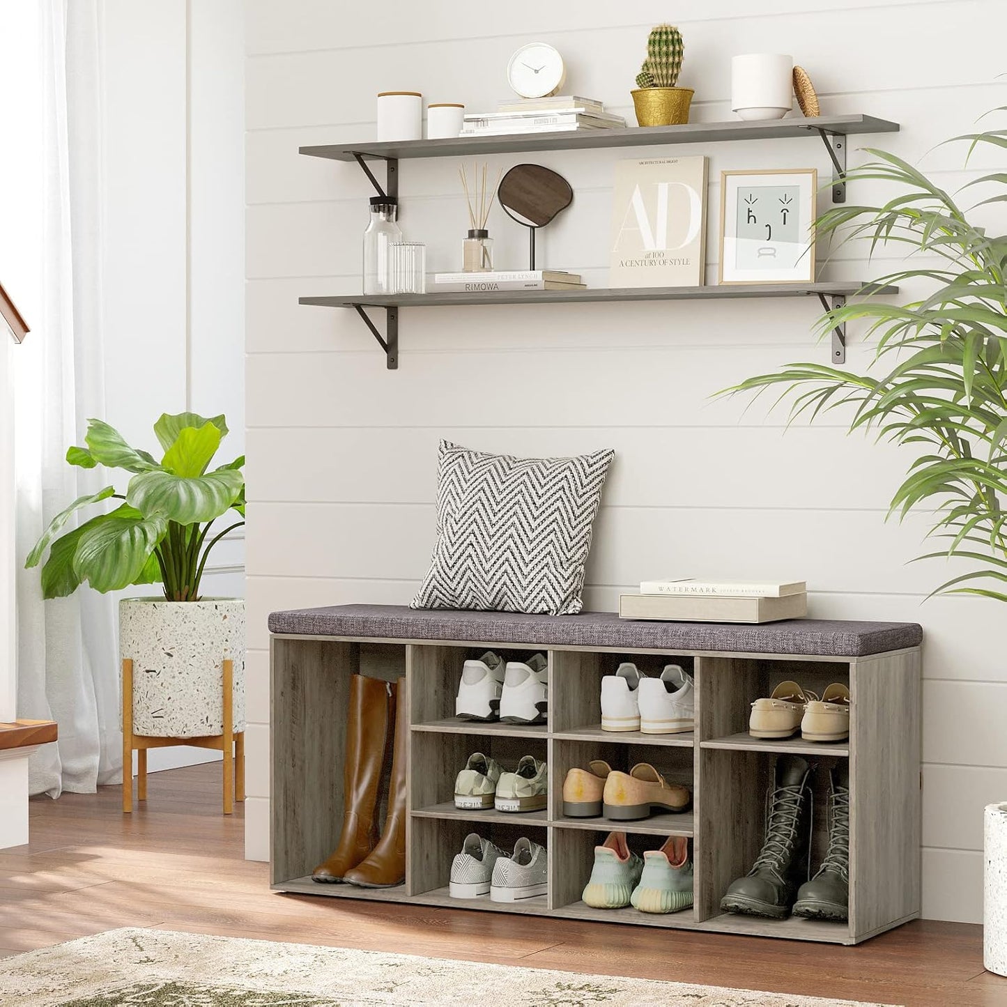 DINZI LVJ Long Wall Shelves, 47.3Inch Wall Mounted Shelves Set of 2, Extra Large Wall Storage Ledges with Sturdy Metal Brackets for Living Room, Bathroom, Bedroom, Kitchen, Grey Wash